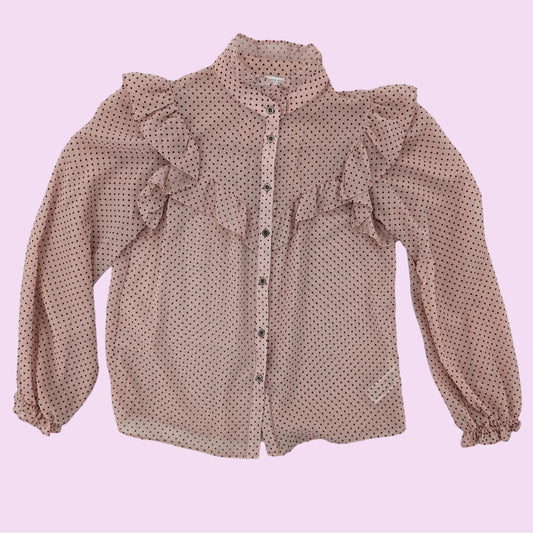 Zara Soft Pink Polka Dot Mock Neck Ruffle Sheer Button-Up Women Blouse Size XS