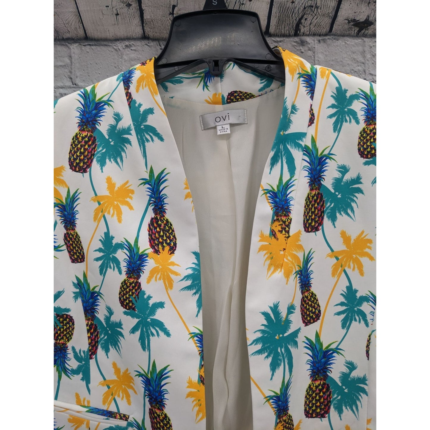 Ovi Women Pineapple & Palm Print White Open Front Blazer Size L