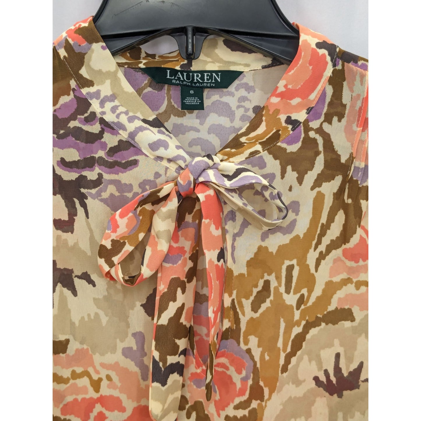 Lauren Ralph Lauren Women Floral Neck Tie Long Sleeve Chiffon Dress Size 6 NWT