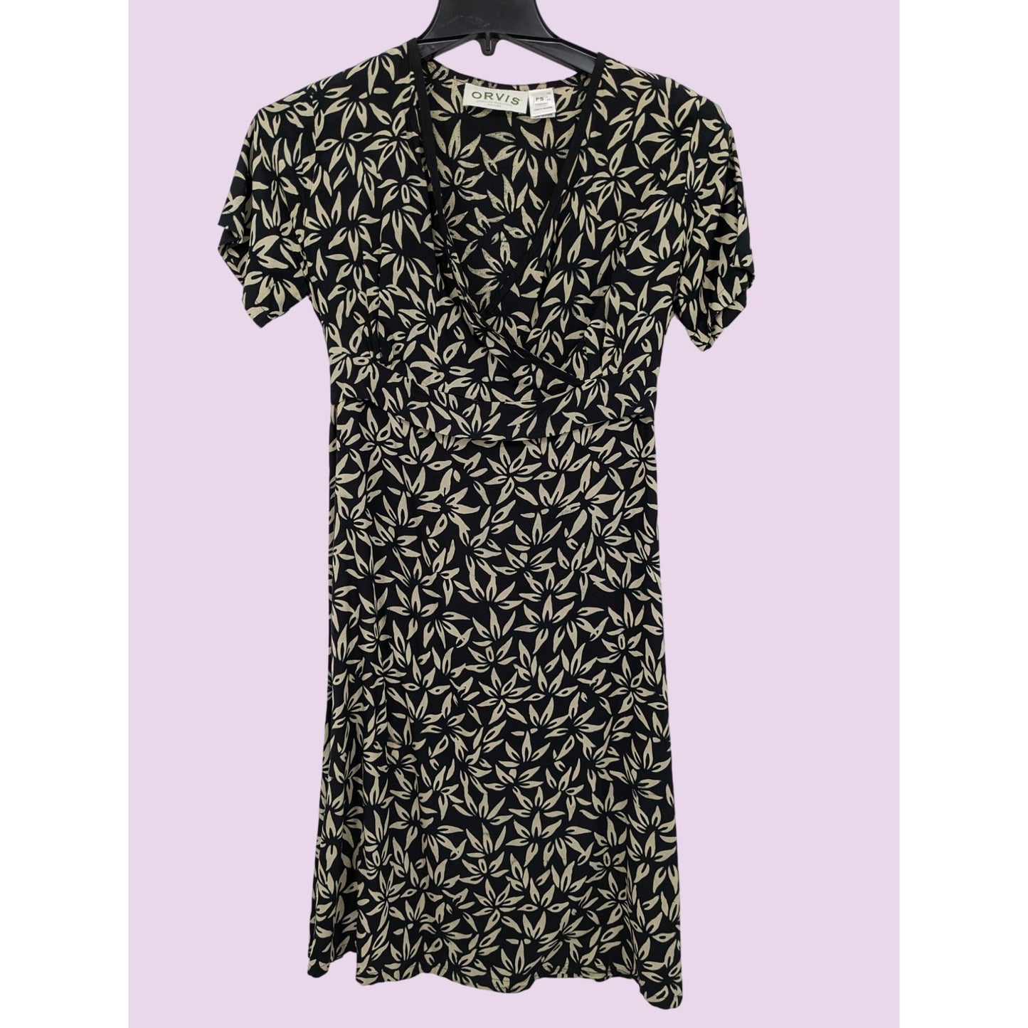 Orvis Women Black Floral Midi V-Neck Short Sleeve Boho Wrap Dress Size Petite S