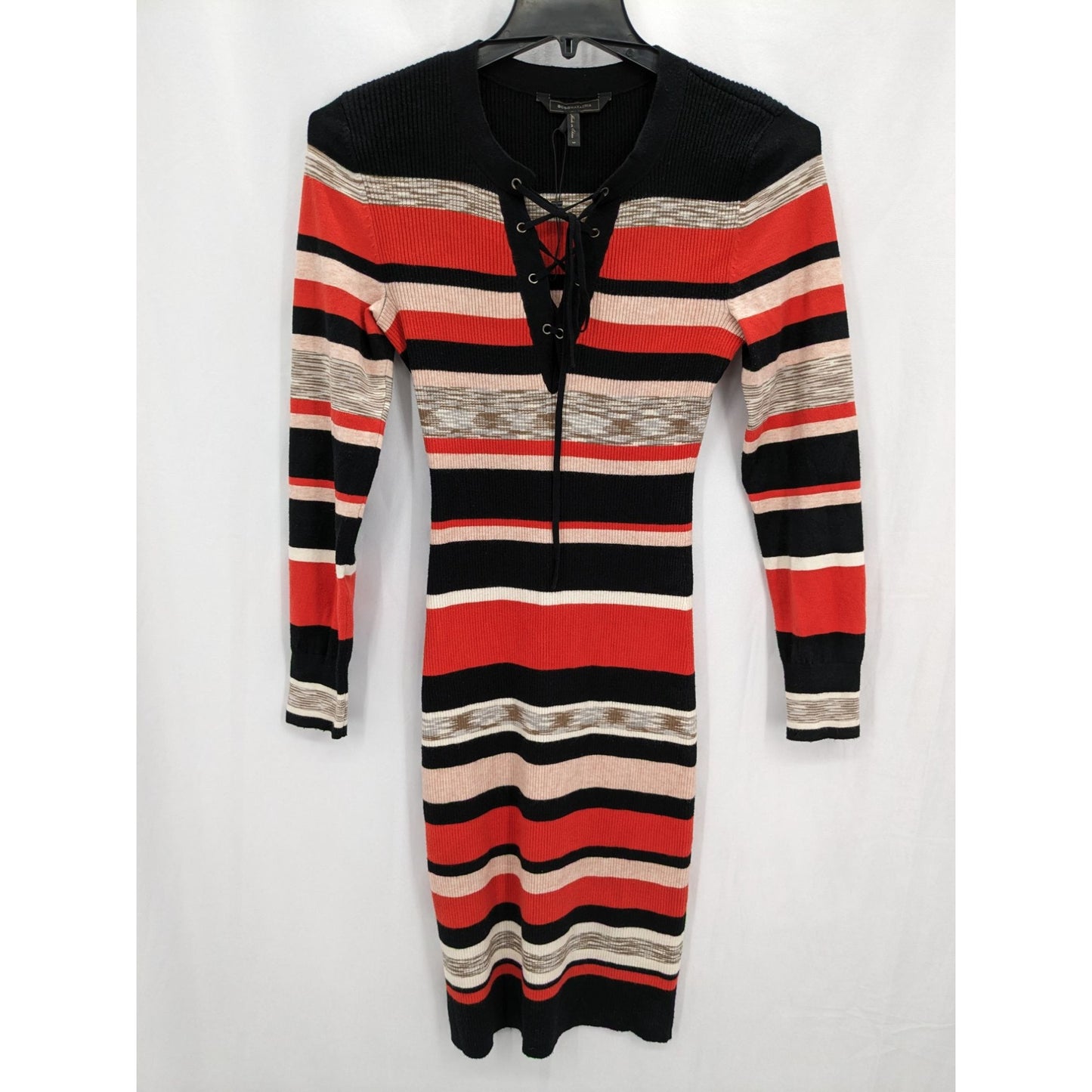 BCBGMaxazria Women Lace-Up Striped Fitted Sweater Dress Size M