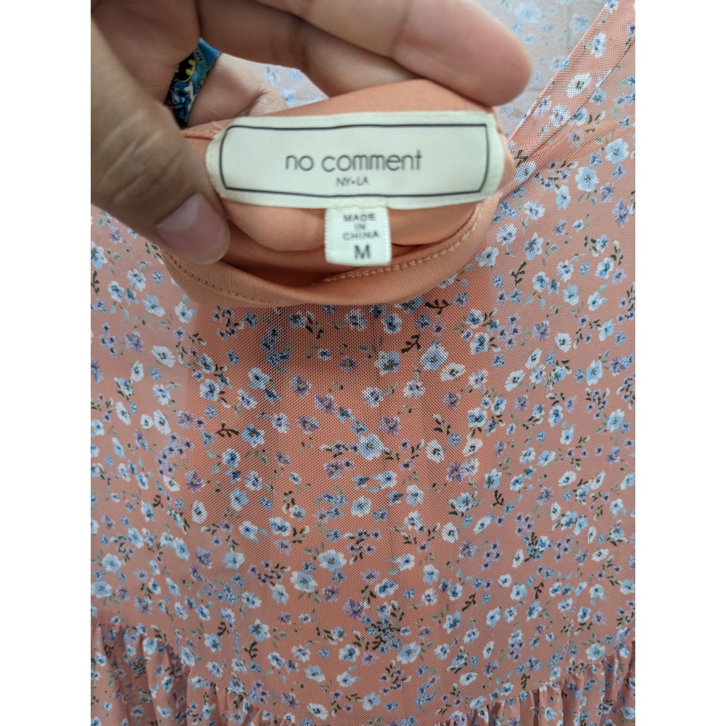 No Comment Women Mini Sheer Floral Peach Lined Dress Size M