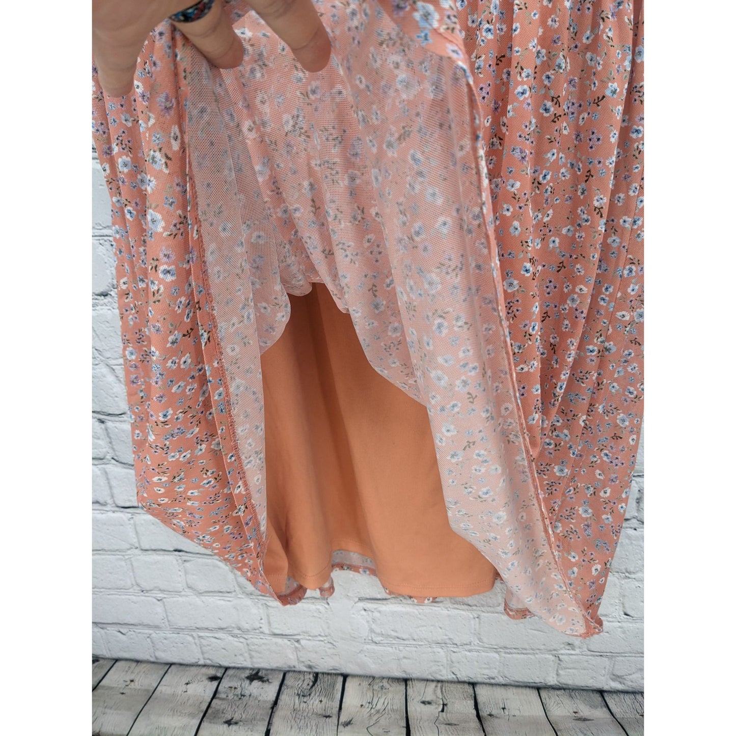 No Comment Women Mini Sheer Floral Peach Lined Dress Size M