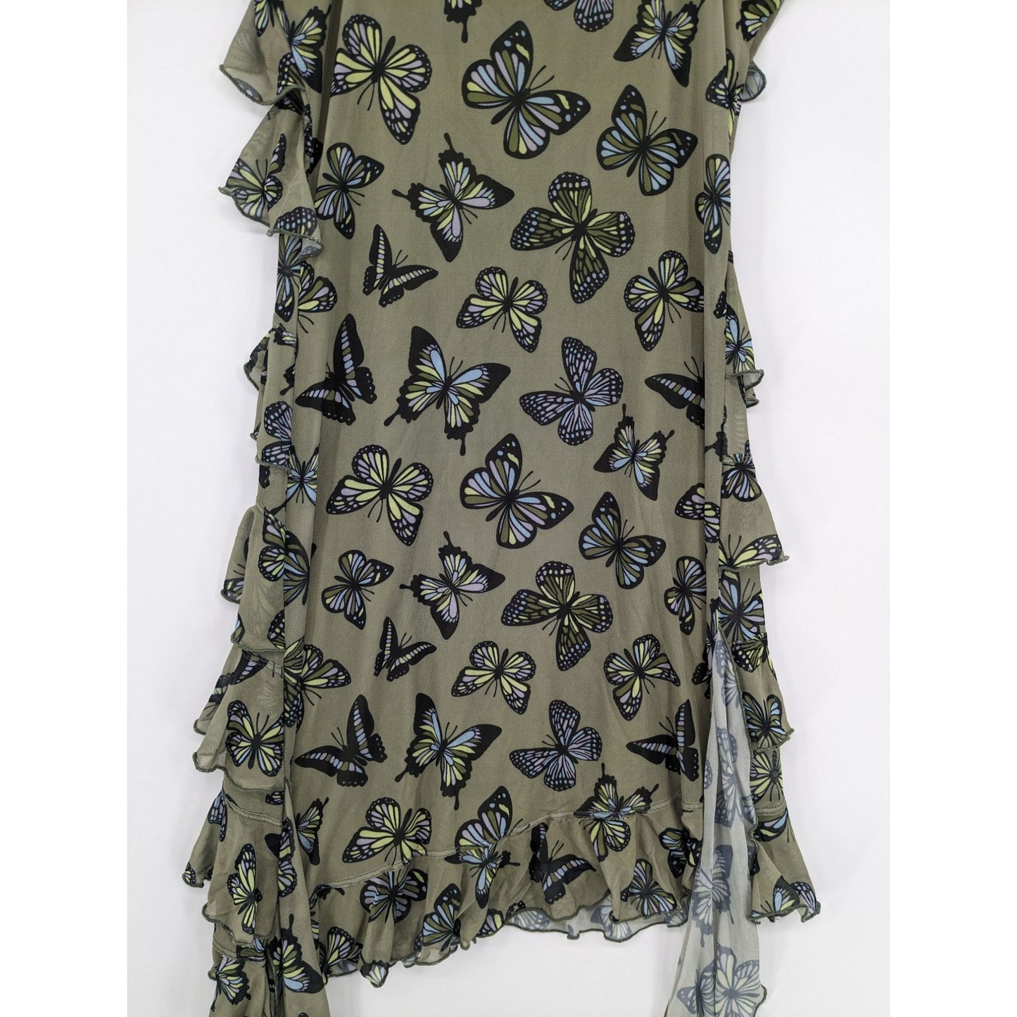 Thorn & Fable Flutter V-Neck Butterfly Ruffle Mesh Olive Cami Mini Dress Size M