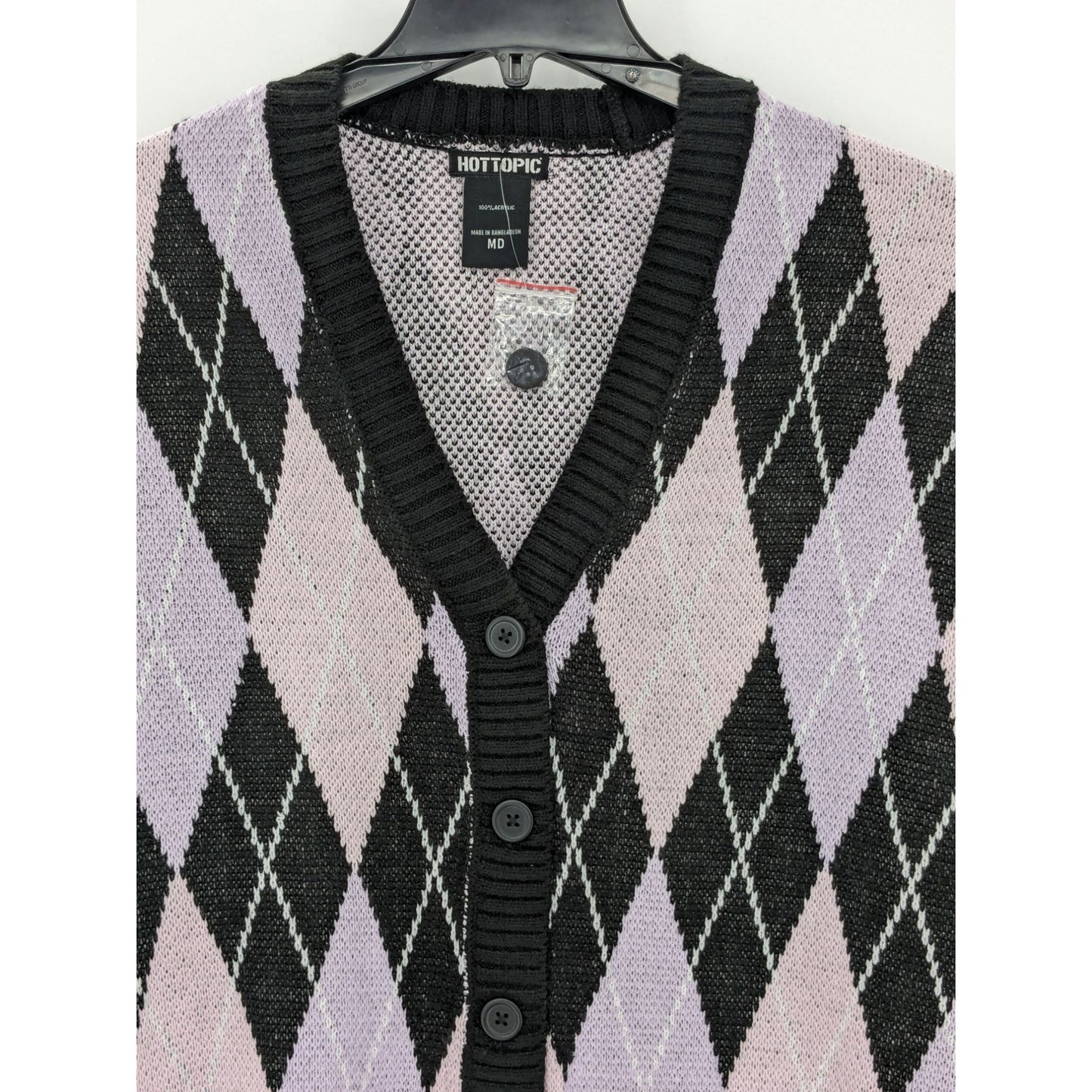 Oversized Hot Topic Argyle Lavender & Pink Knit Grandpa Retro Cardigan Size M