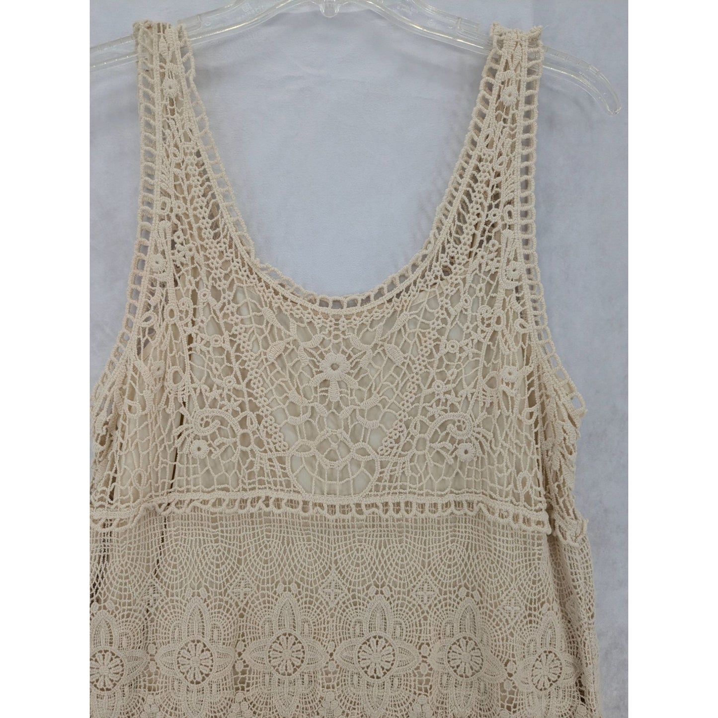 American Eagle Crochet Sleeveless Mini Dress Scalloped Hem Beige Women Size M