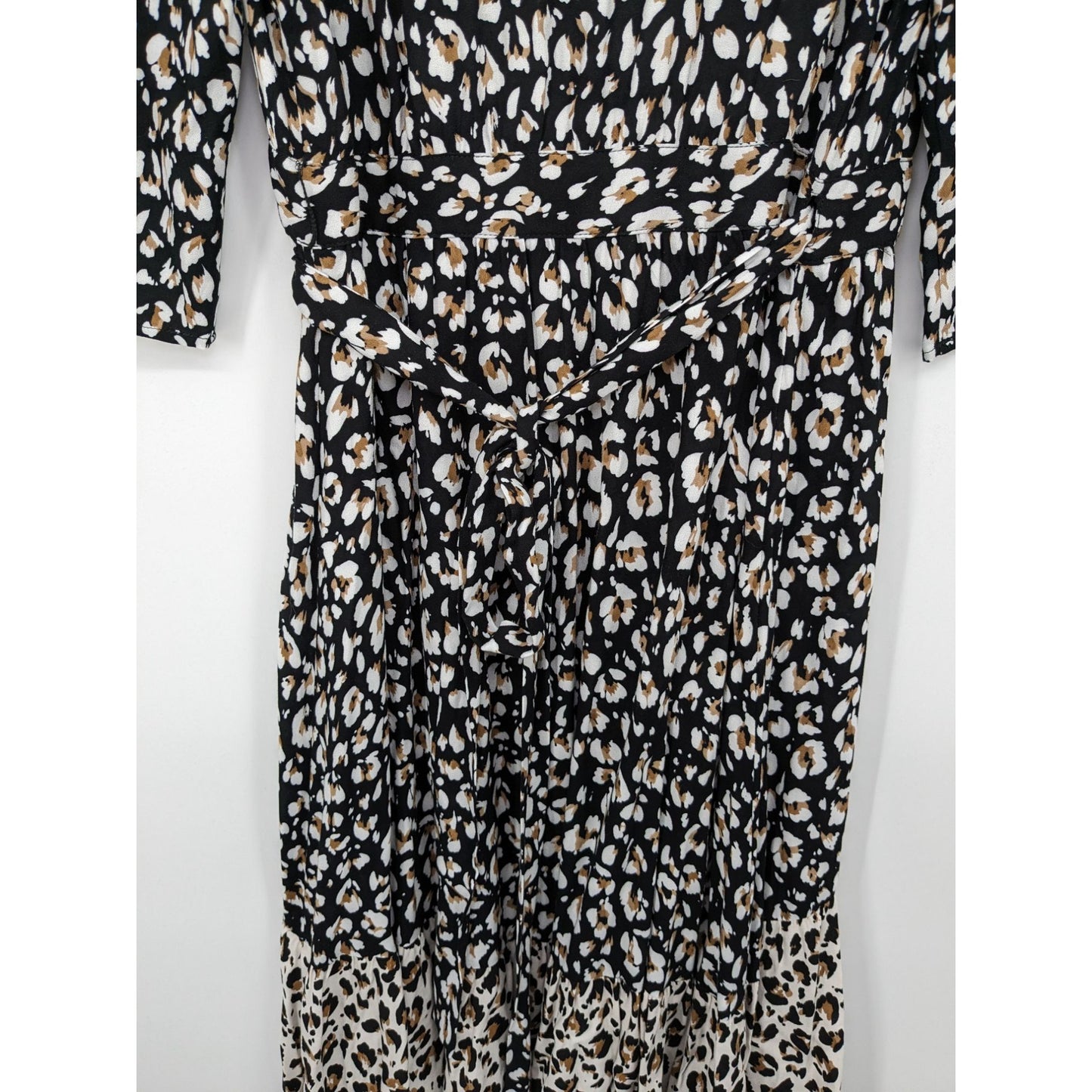 Saltwater Luxe Women Leopard Print V Neck Ruffle Wrap Midi Boho Dress Size S