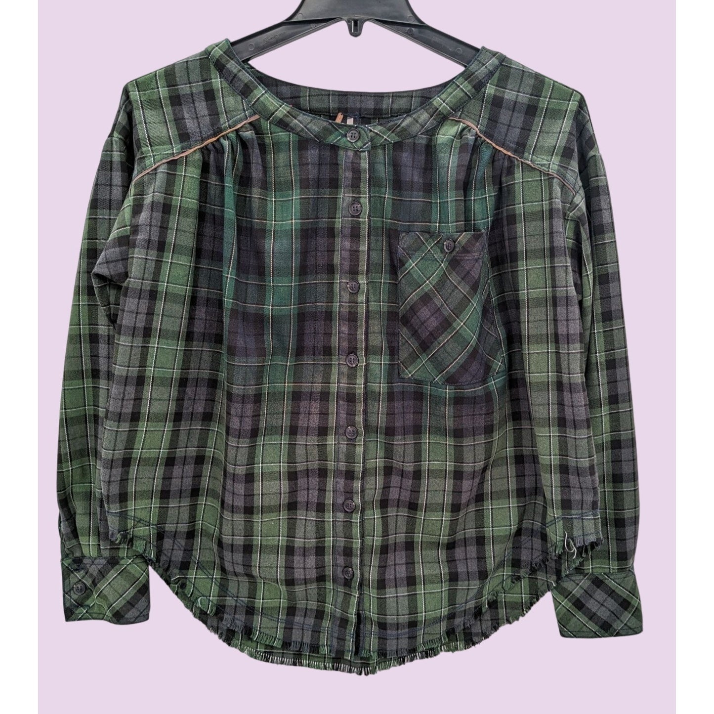 Free People Women Cozy Dream Green Plaid Flannel Button-Up Boho Shirt Size S