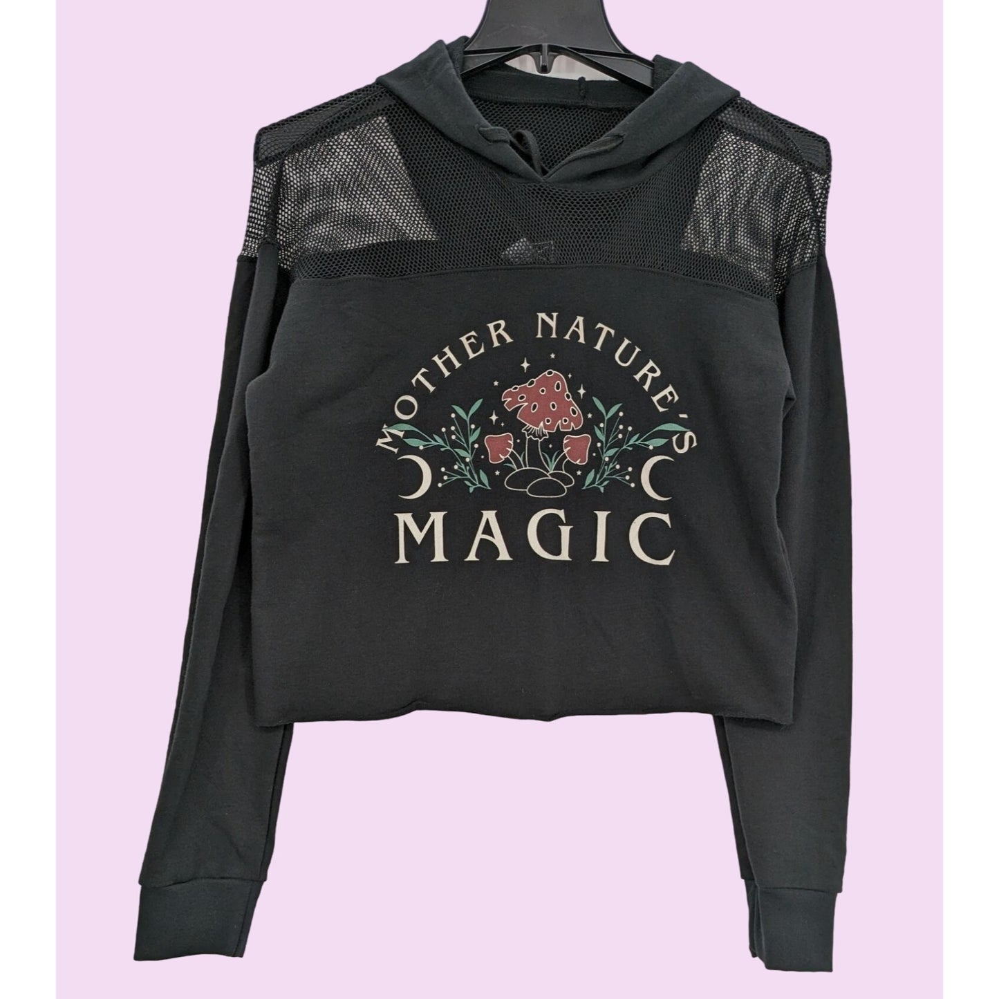 Midnight Hour Mother Nature Magic Mesh Women Black Crop Pullover Hoodie Size S