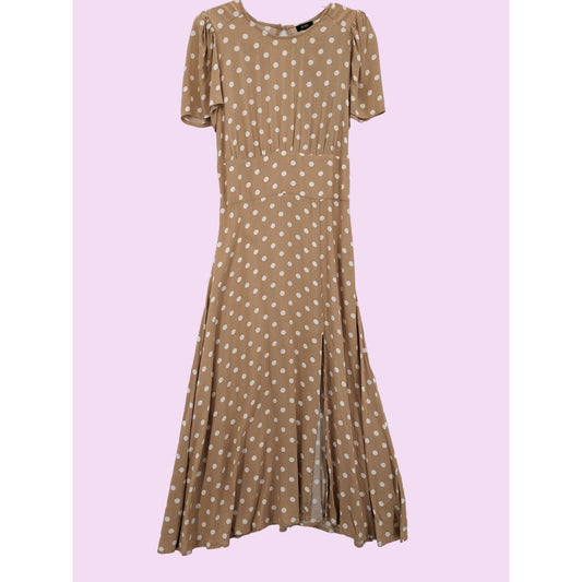 ARFM Tan Polka Dot Ruffle Sleeve Open Cut Back Cottage Women Maxi Dress Size L