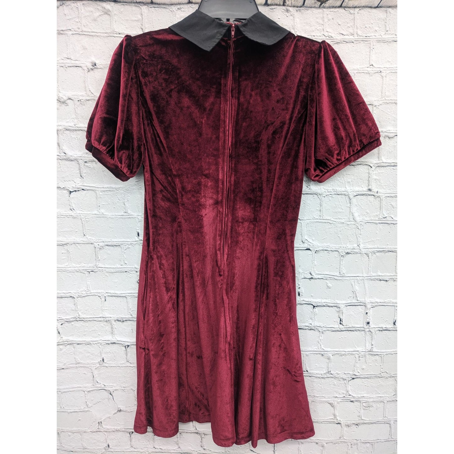 Cosmic Aura Women Burgundy Velvet Short Puff Sleeves Collar Dress Size S