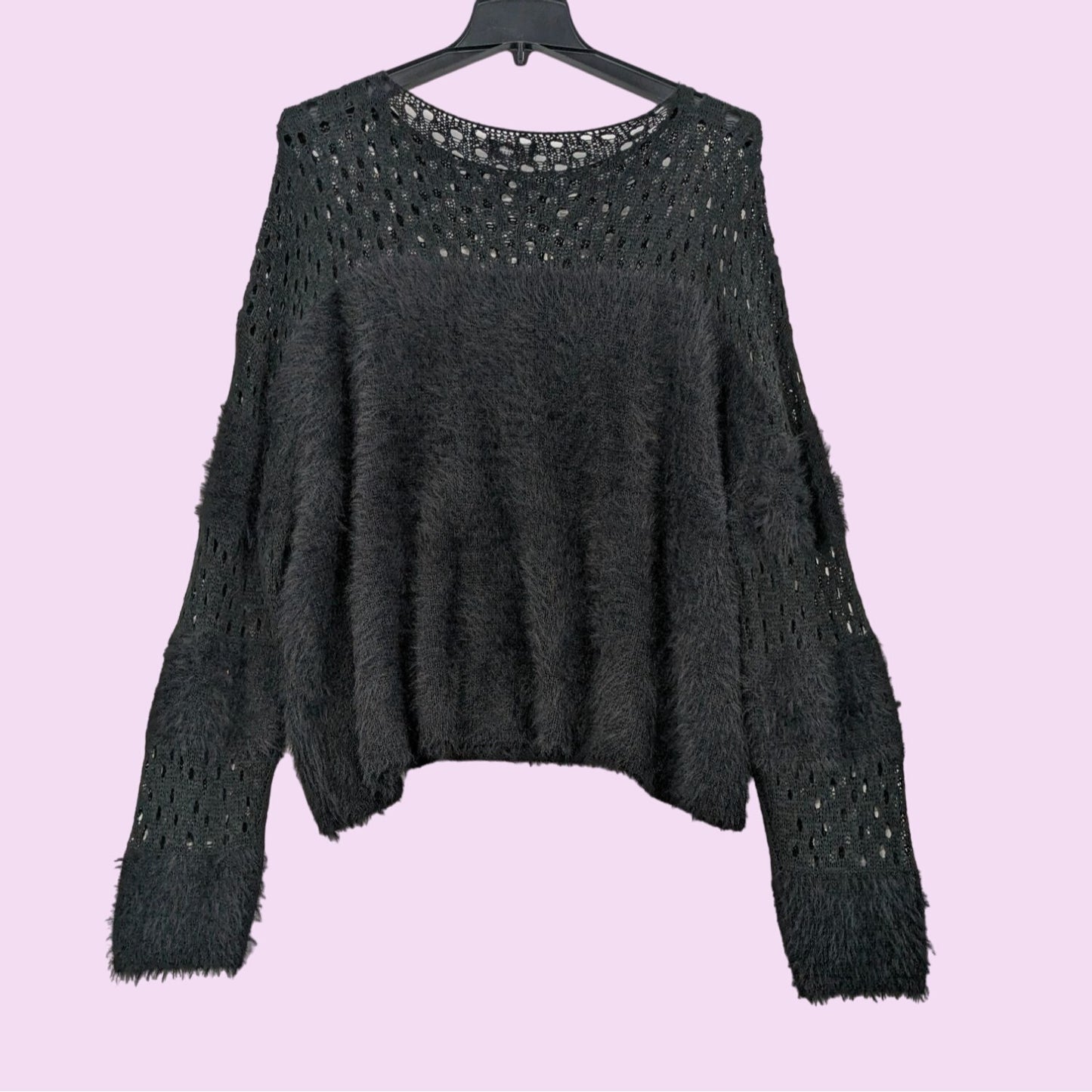 Social Collision Black Boxy Fishnet Fuzzy Knit Round Neck  Women Sweater Size 3X