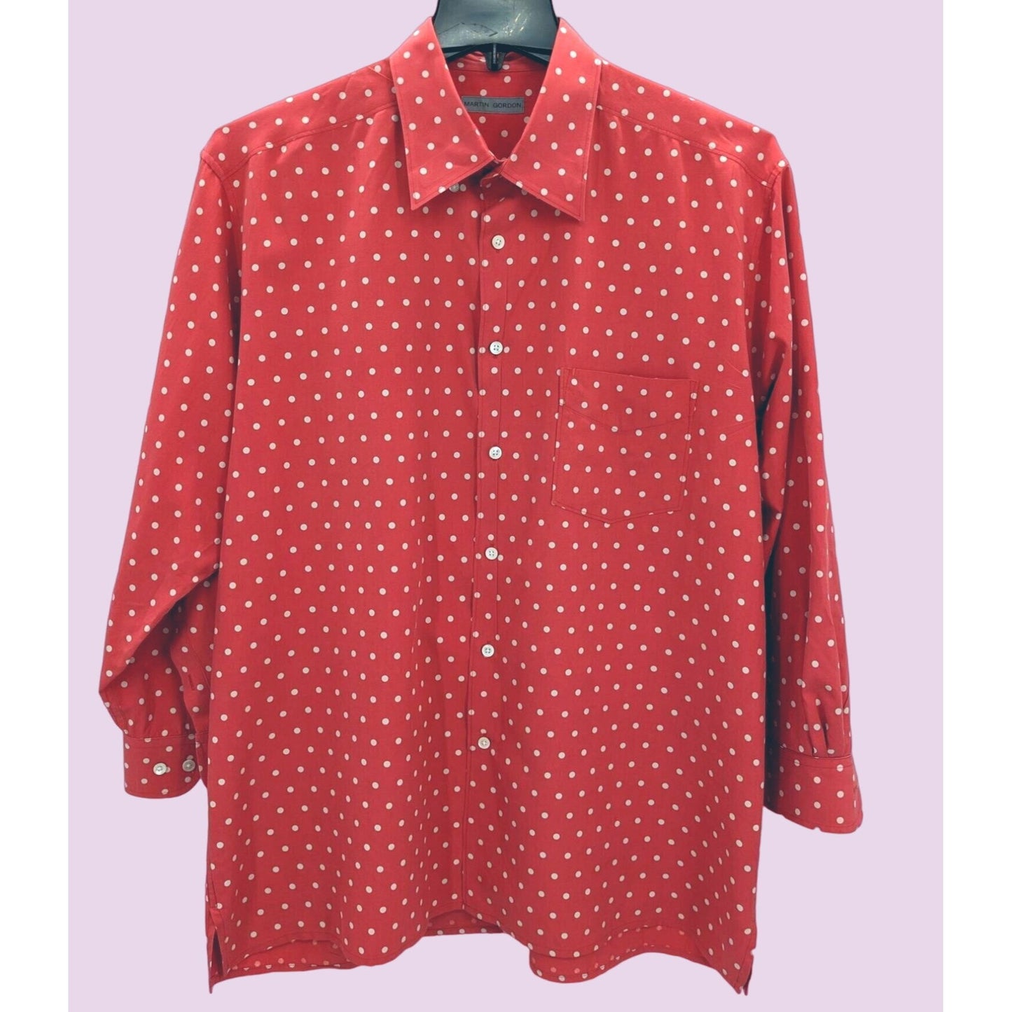 Martin Gordon Men Coral Polk Dot Silk Blend Long Sleeve Button-Up Shirt Size L