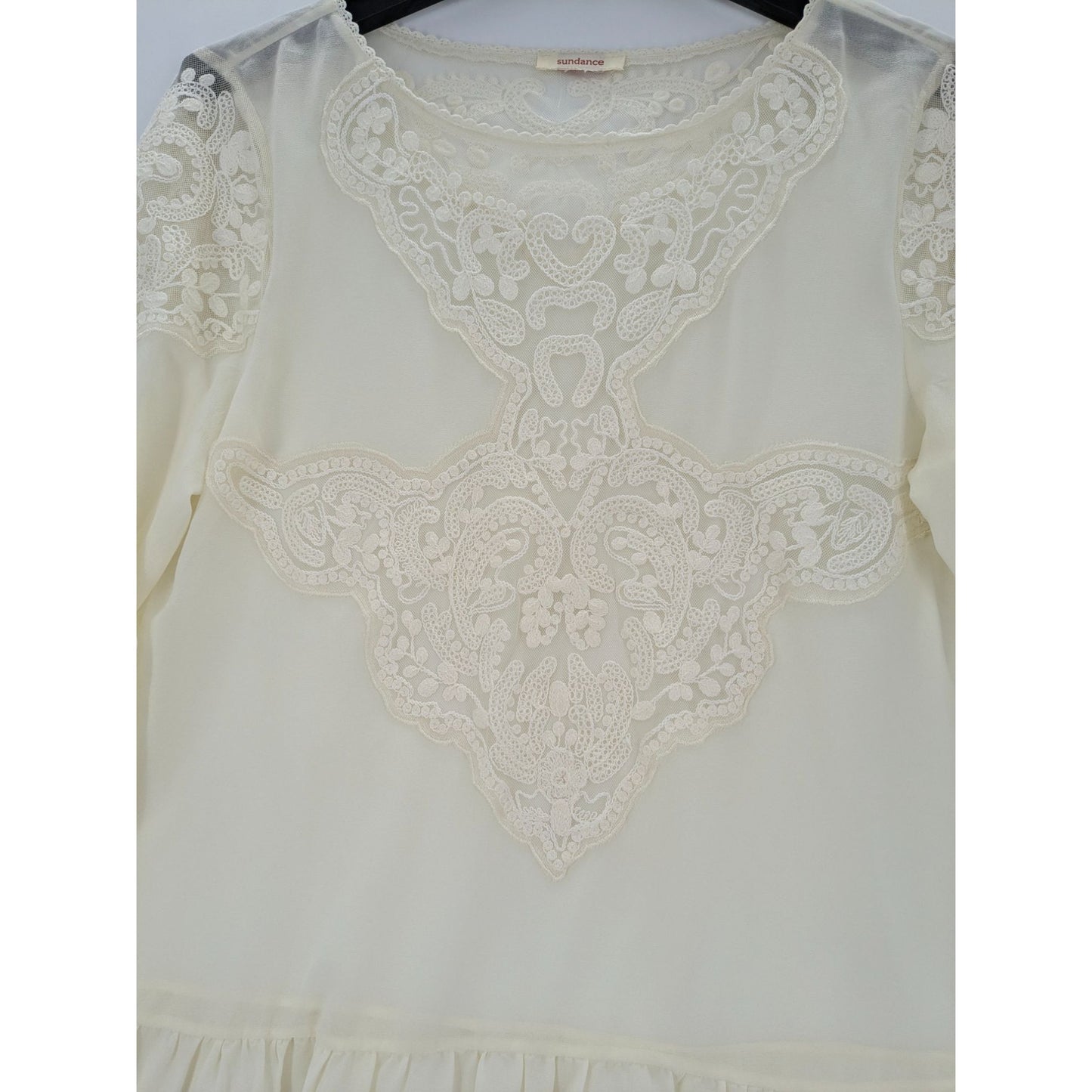 Sundance Ivory Puff Sleeve Lace Peplum Blouse Sheer Floral Cottage Women Size M