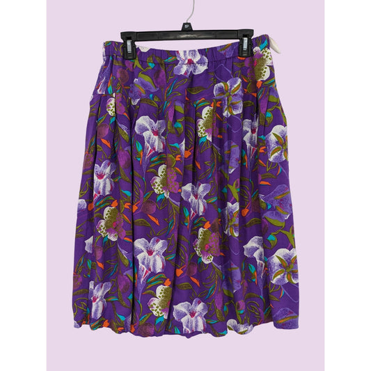 Tropical Purple Floral Vintage Chalita Boho Artsy Retro Women Midi Skirt Size M