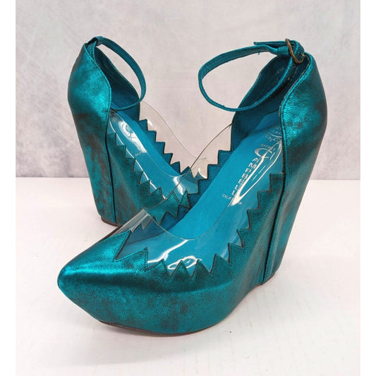 Jeffrey Campbell Audrey-Two Metallic Teal Platform Wedge Heel Size 6.5