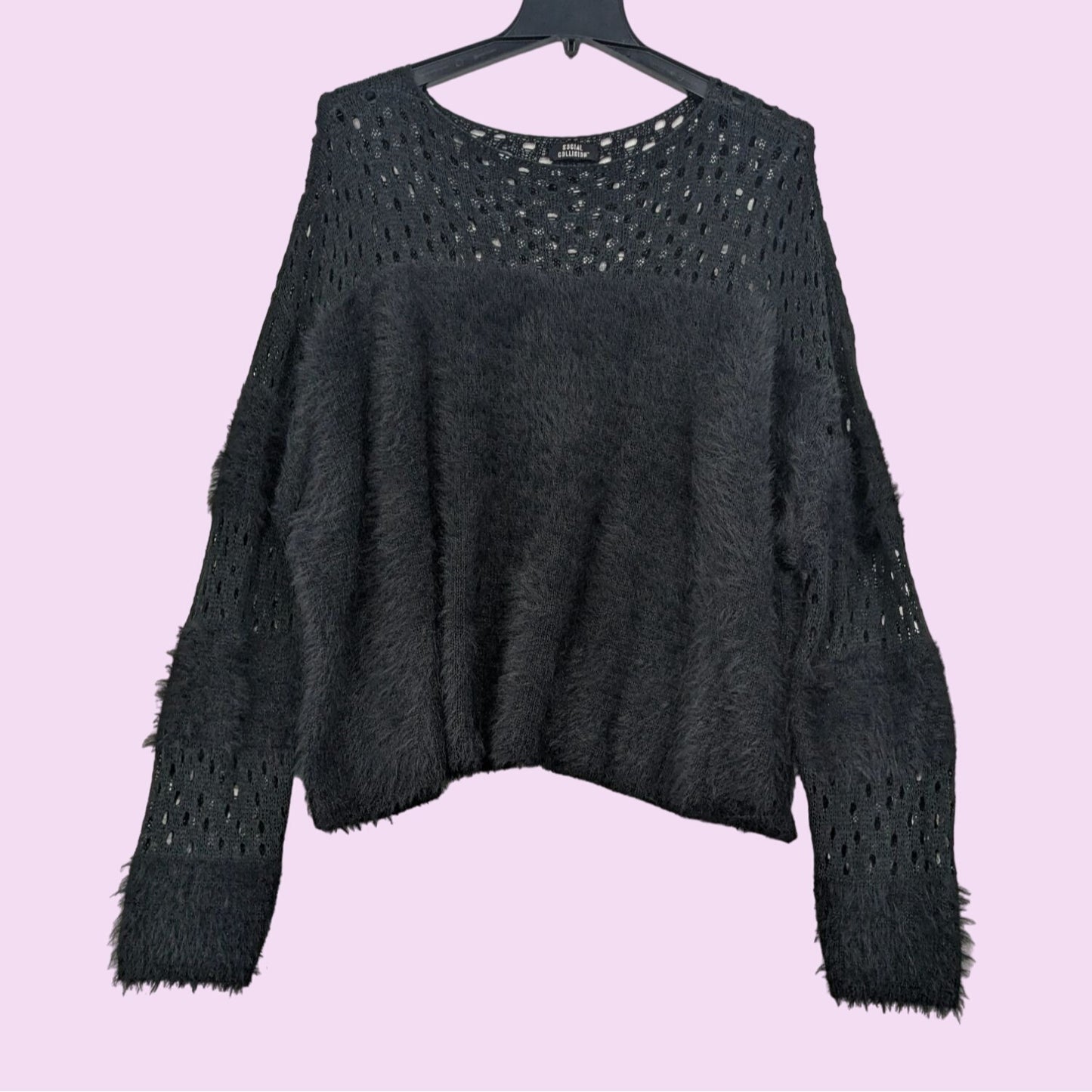 Social Collision Black Boxy Fishnet Fuzzy Knit Round Neck  Women Sweater Size 3X