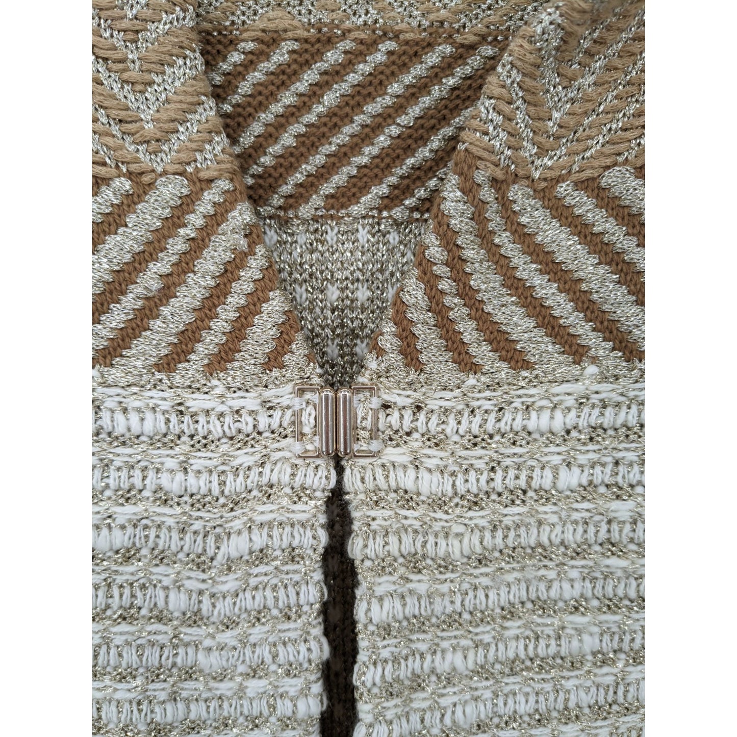 Chico's Women Beige Fringe Poppy Preppy Glam Boho Metallic knit Cardigan Size XL