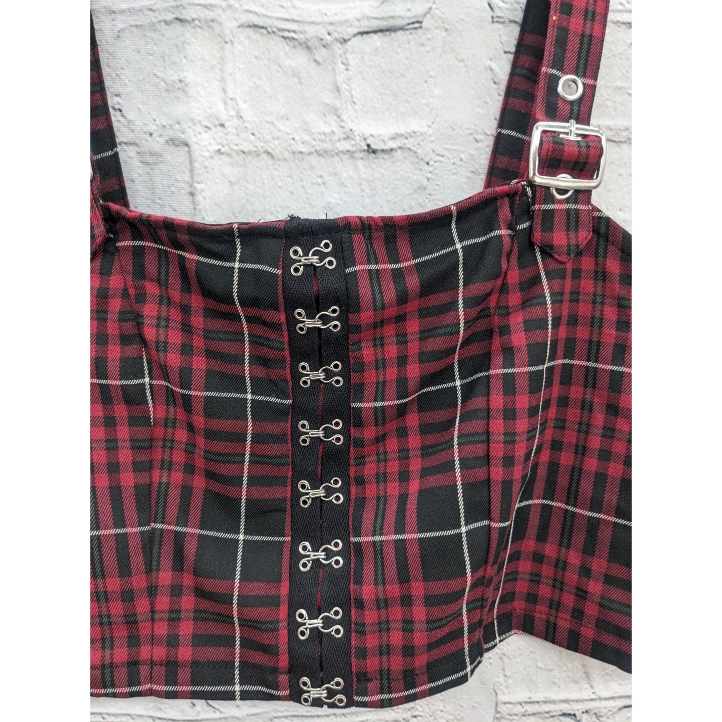 Hot Topic Women Burgundy Plaid Buckle Strap Dark Academia Y2K Crop Top Size S