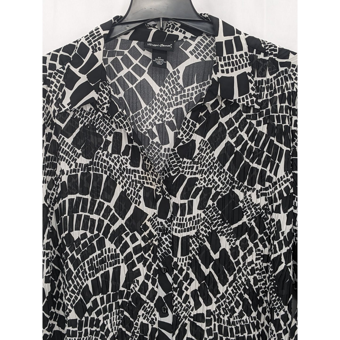 Maggie Barnes Women Black Abstract Button-Up Sheer 3/4 Sleeve Shirt Size 3X