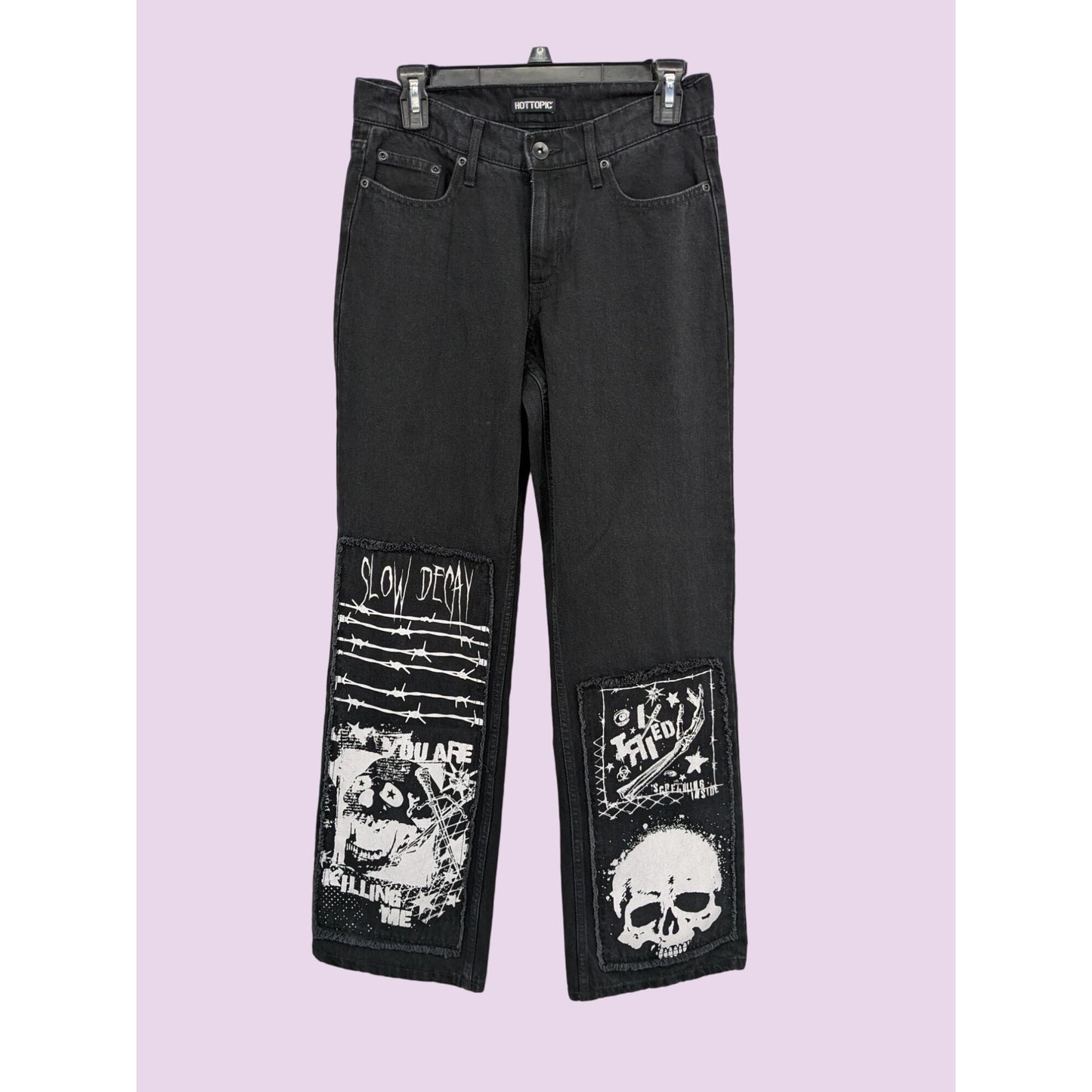 Hot Topic Men Black Patch Wide Leg Denim Punk Pants Y2K Size 28 x 32