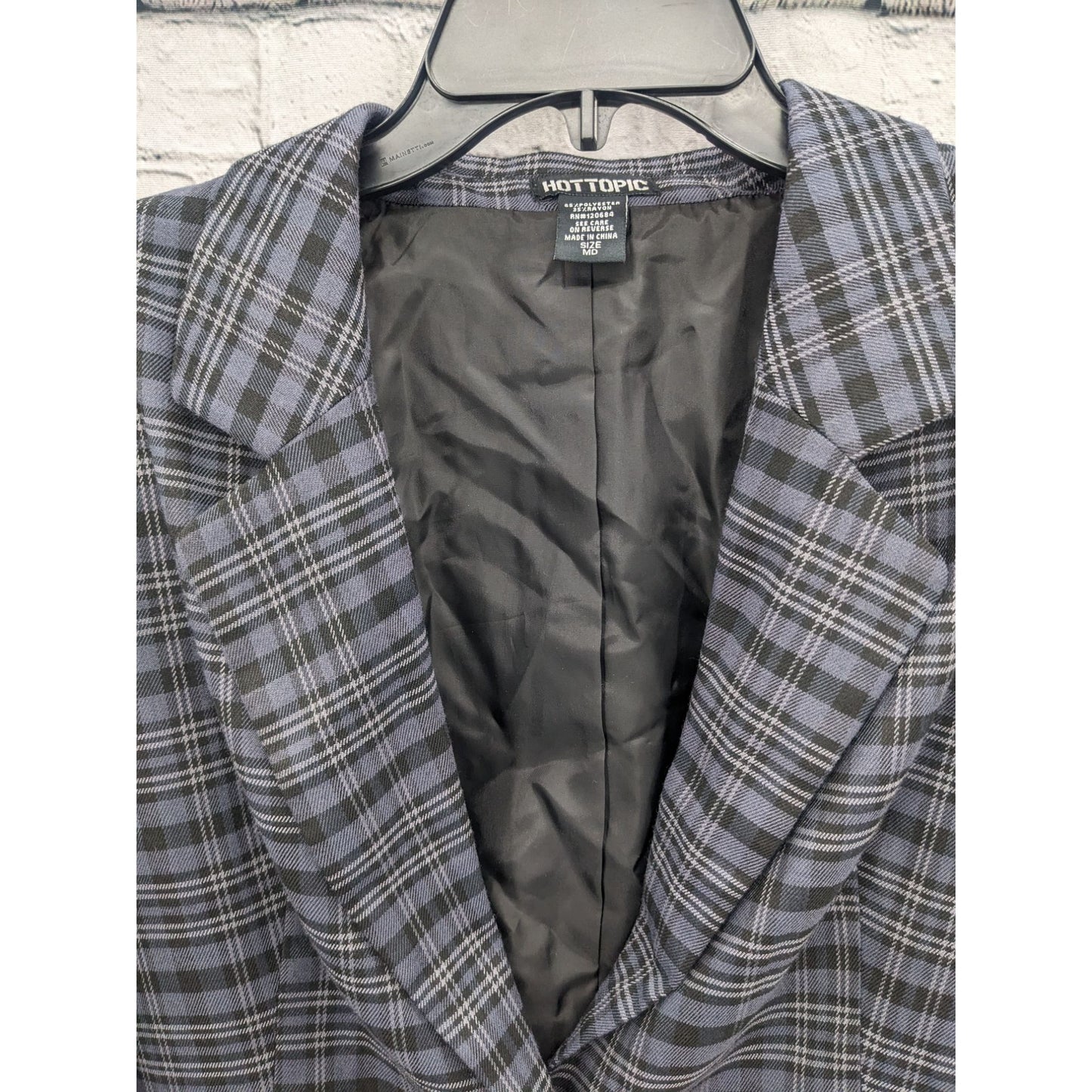 Hot Topic Women Blue Gray Plaid Blazer Size M