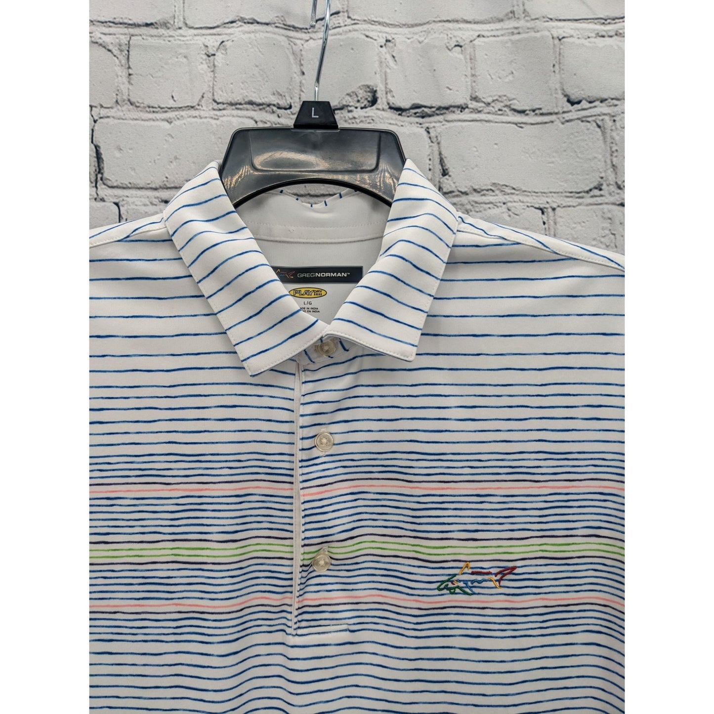 Greg Norman Men's White & Blue Striped Short Sleeve Polo Shirt Size L