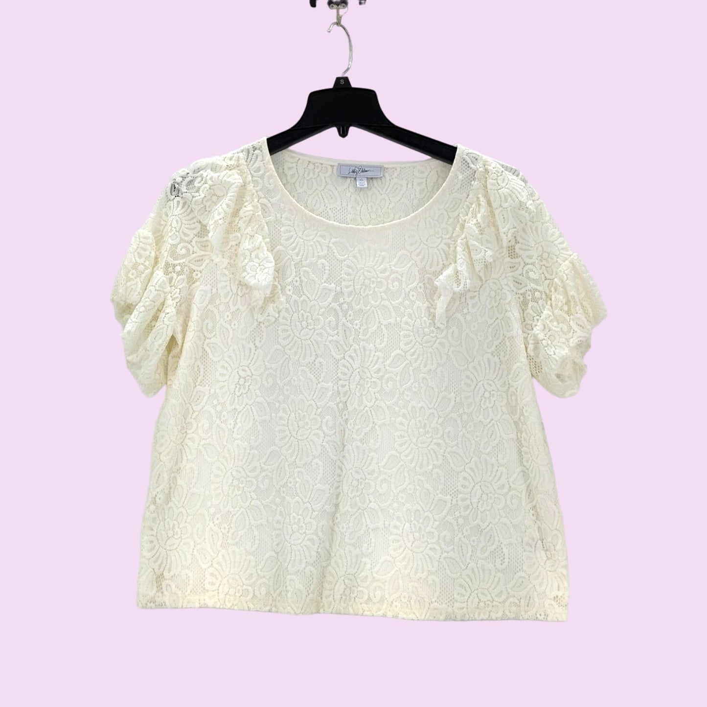 Libby Edelman Ivory Floral Lace Blouse Flutter Short Sleeve Preppy Women Size XL