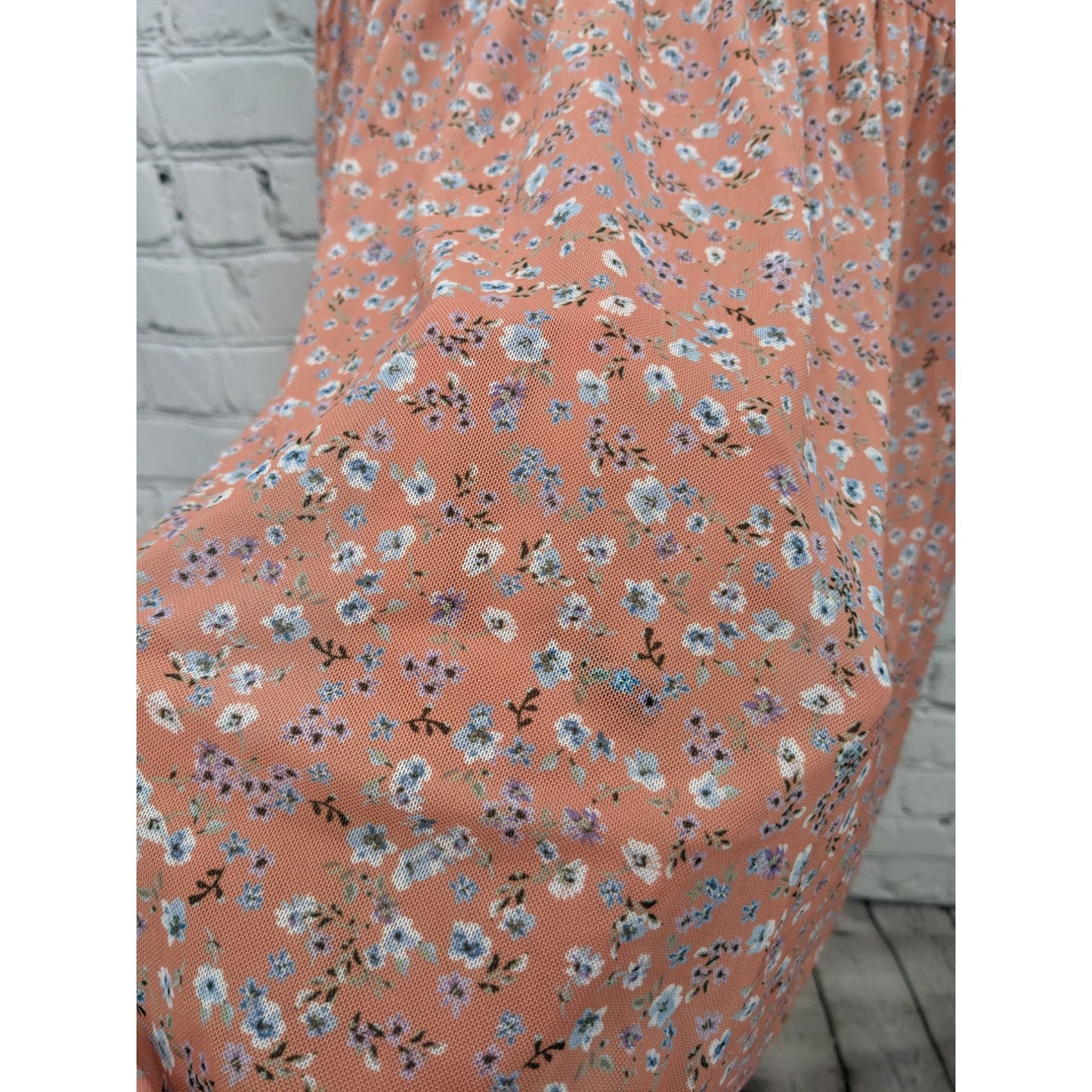 No Comment Women Mini Sheer Floral Peach Lined Dress Size M