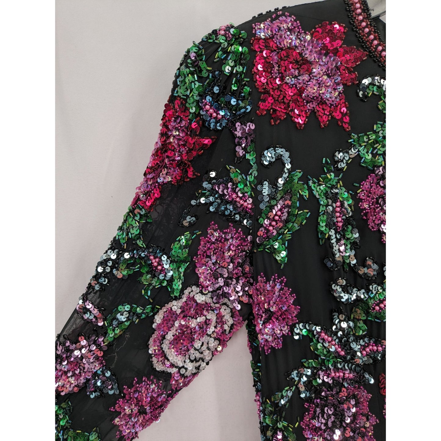 Vintage Black Tie Women By He-Ro Floral Long Sleeve Sequin Glam Dress Size 10