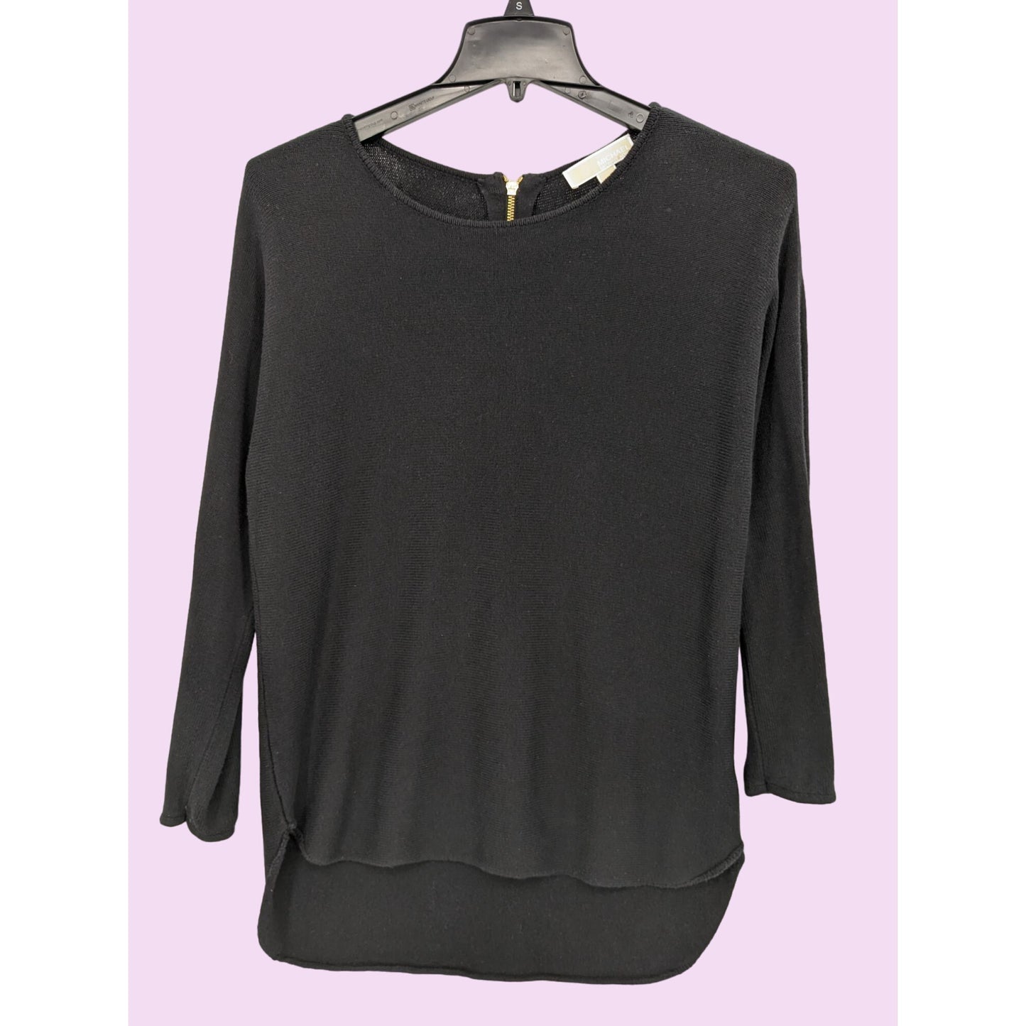 Michael Kors Black Zip-Up Back Hi-Lo Hem Long Sleeve Round Neck Knit Top Size L