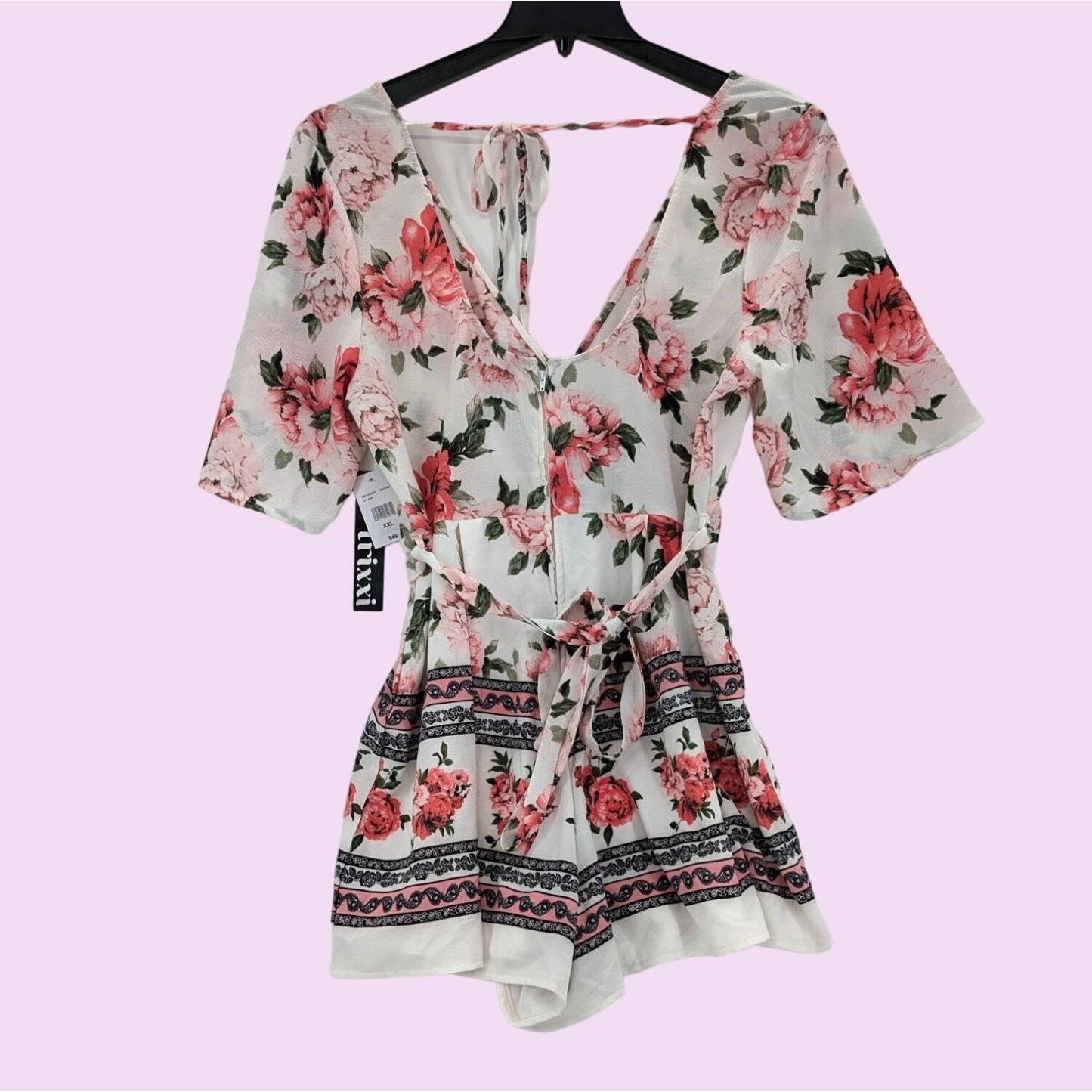 Trixxi Floral V-Neck Romper Bell Sleeve Belted Boho White & Pink Women Size XXL