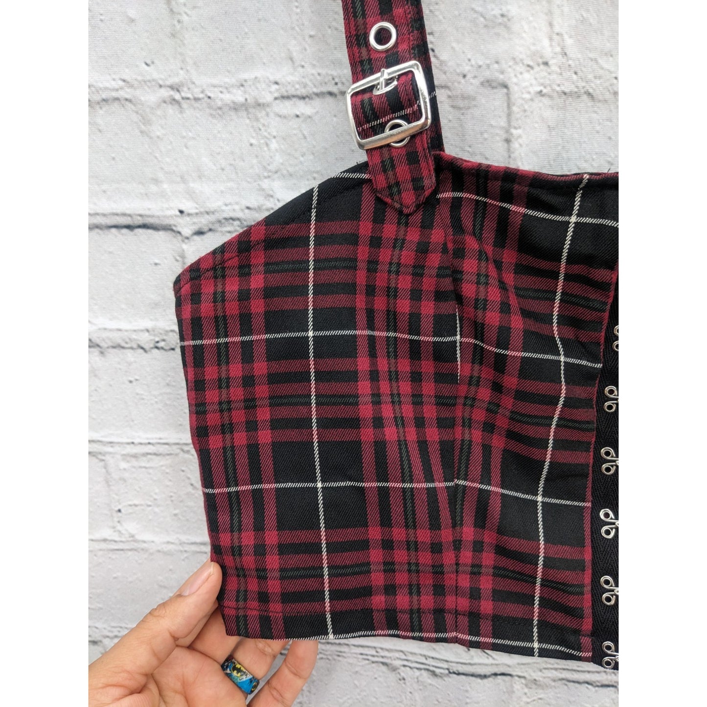 Hot Topic Women Burgundy Plaid Buckle Strap Dark Academia Y2K Crop Top Size S