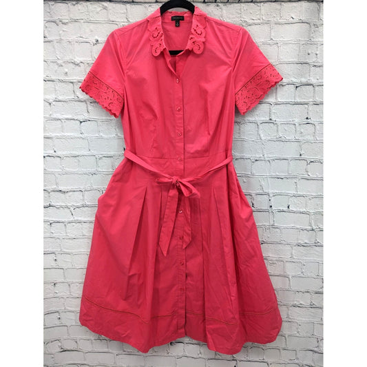 Talbots Women Coral Embroidery Trim Button-Up Midi Dress Size 2