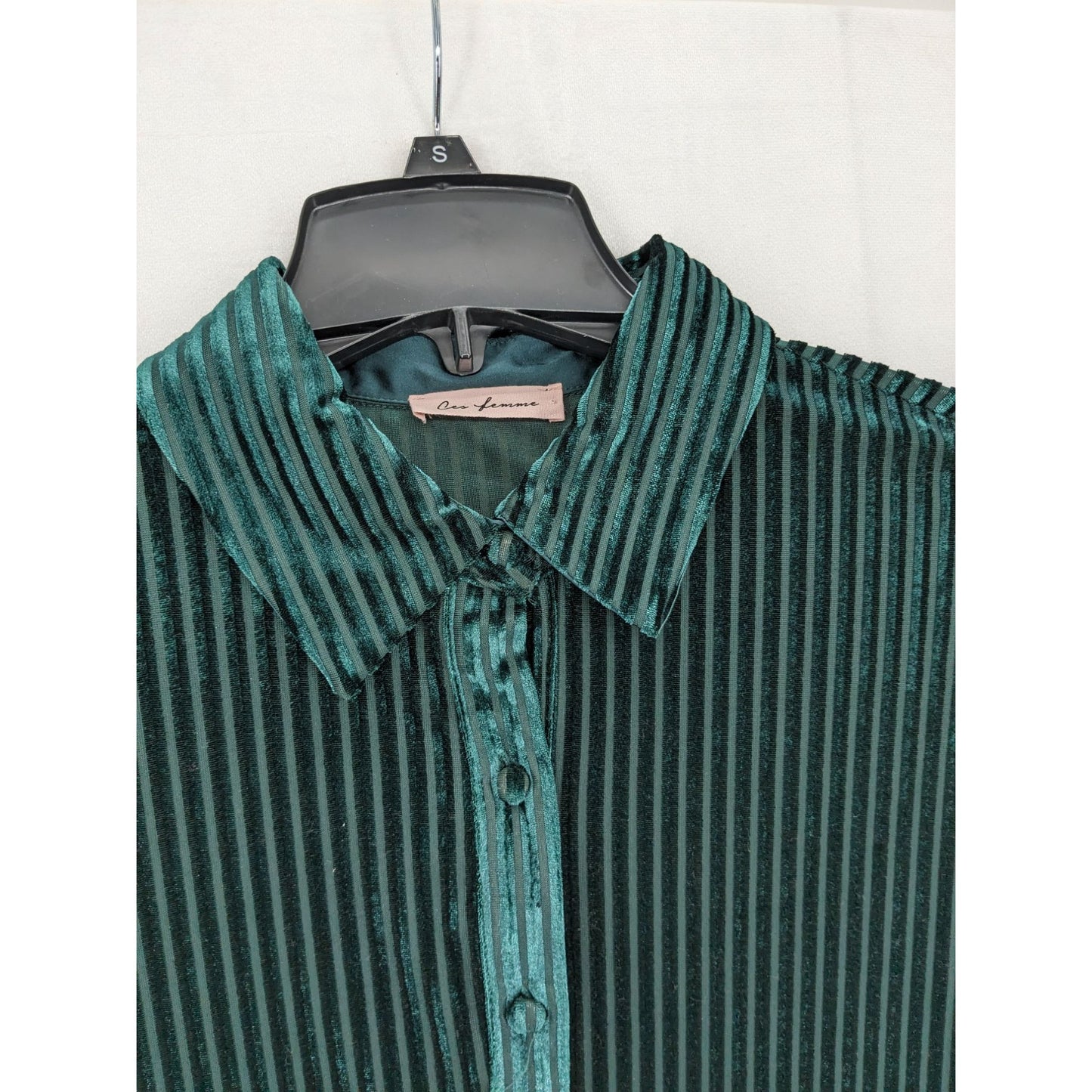 Ces Femme Green Velvet Striped Button-Up Ruched Long Sleeve Women Blouse Size S