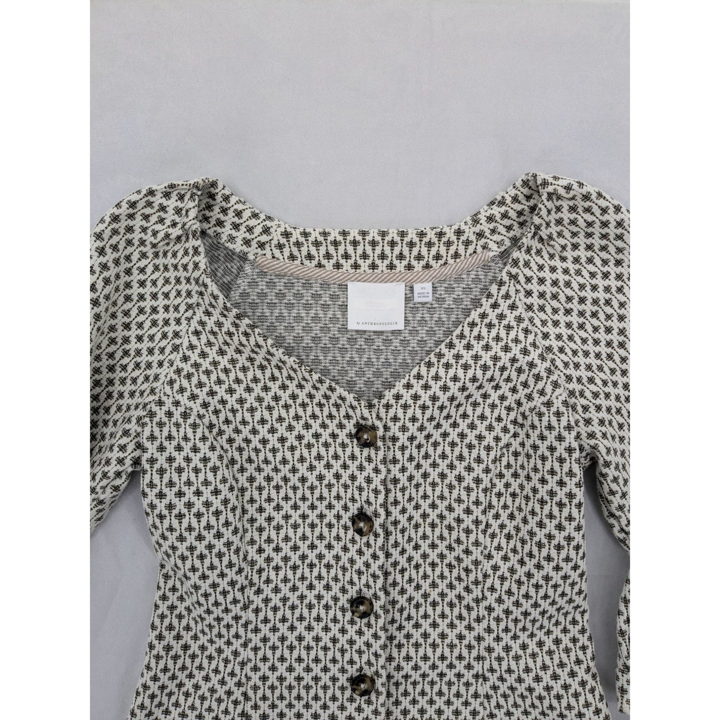 Ett:Twa Metallic Tweed Print 3/4 Puff Sleeve Button-Up V-Neck Women Top Size XS