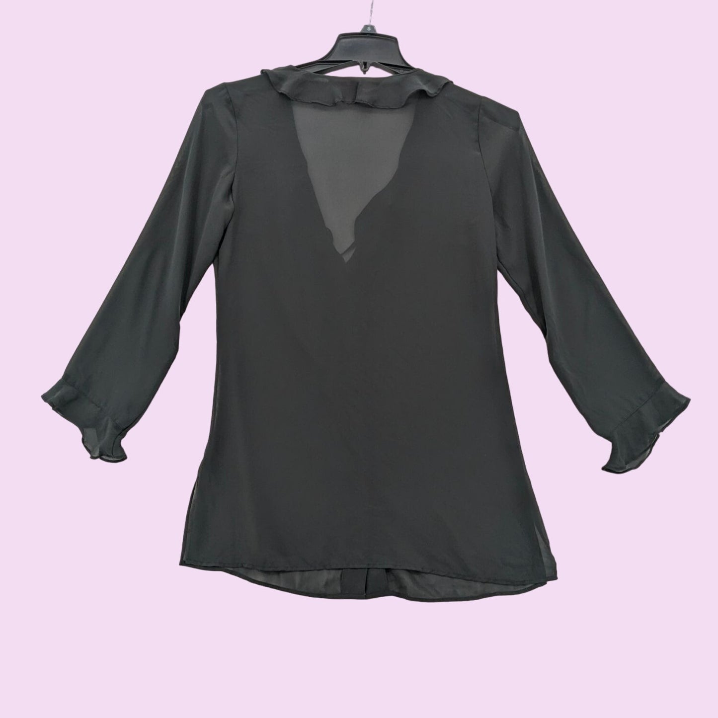 Victoria Secret Black Ruffle Sheer Top V-Neck Y2K Long Sleeve Button-Up Size S