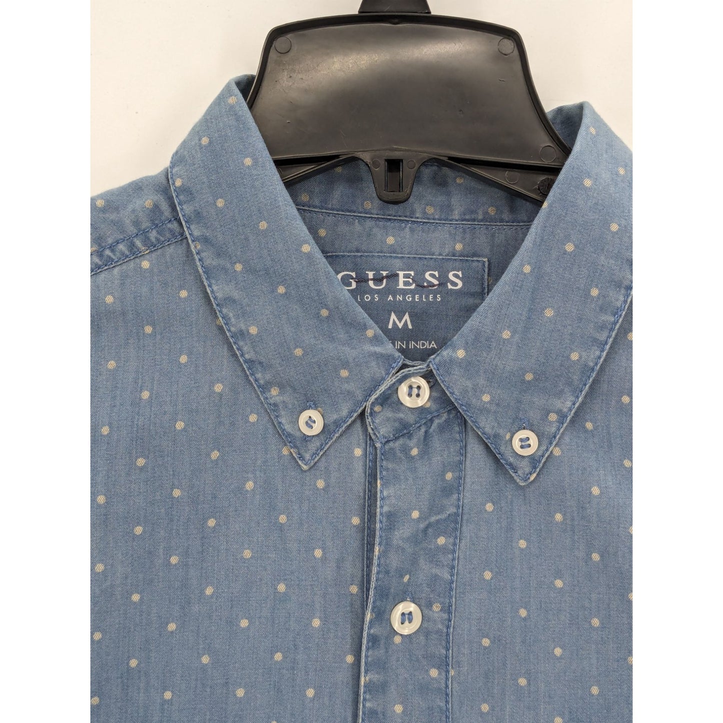 Guess Blue Chambray Short Sleeve Polka Dot Button-Up Preppy Western Shirt Size M