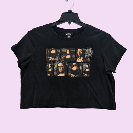 Social Collision Crewneck Black Zombie Mona Lisa Goth Crop Women T-Shirt Size M