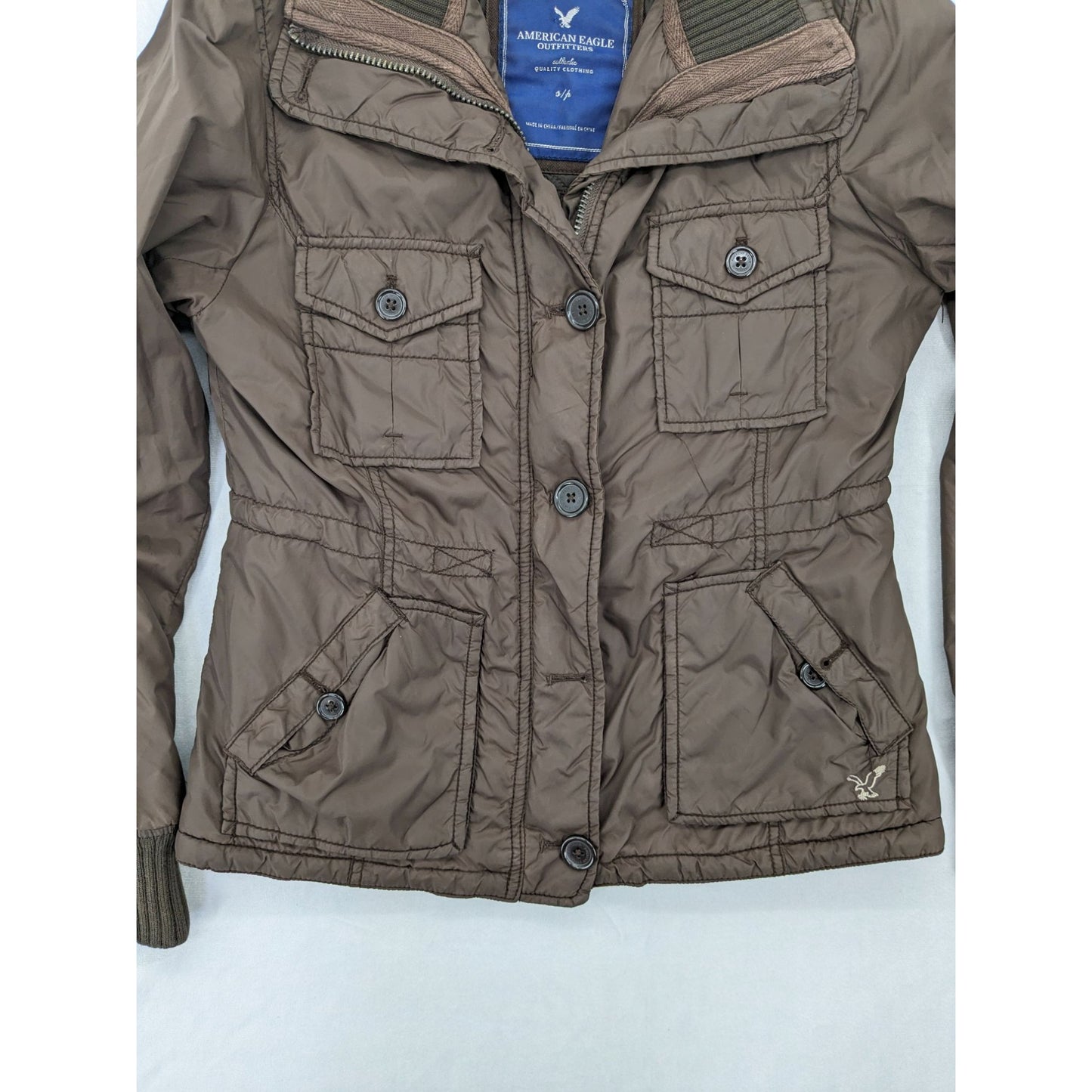 American Eagle Puffer Lightweight Brown Zip Button-Up Fitted Women Jacket Size S