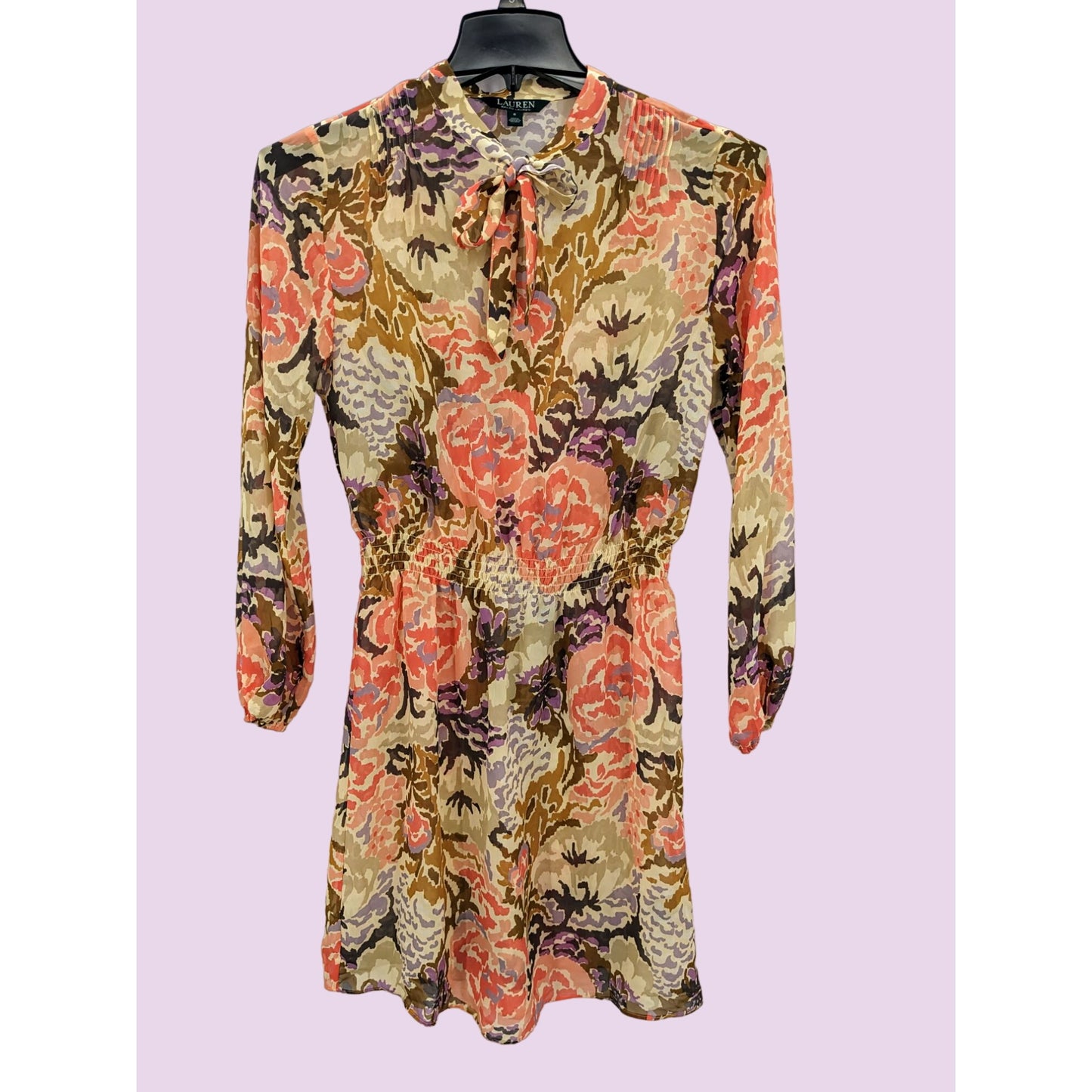 Lauren Ralph Lauren Women Floral Neck Tie Long Sleeve Chiffon Dress Size 6 NWT