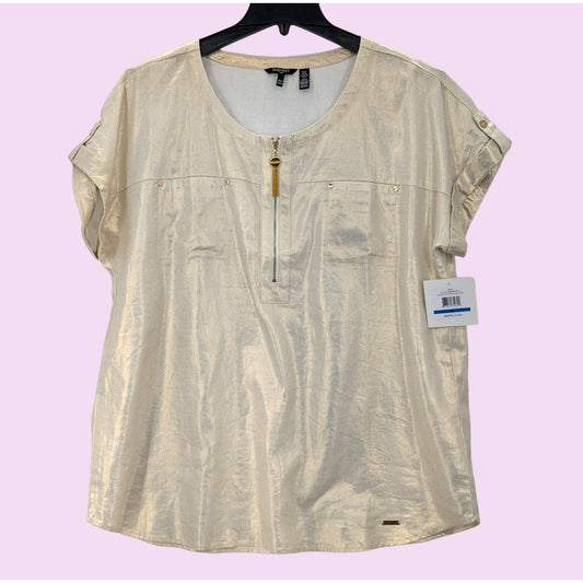 Ellen Tracy Linen Blend Women Chalk Gold Foil Boxy Blouse Preppy Size XL Coastal