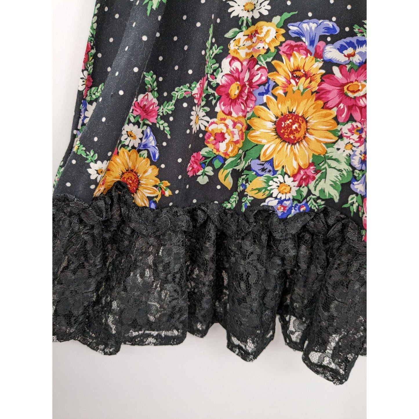 Vintage Floral Lace Ruffle Skirt Lacy Afternoon Retro Button-Up Women Size L