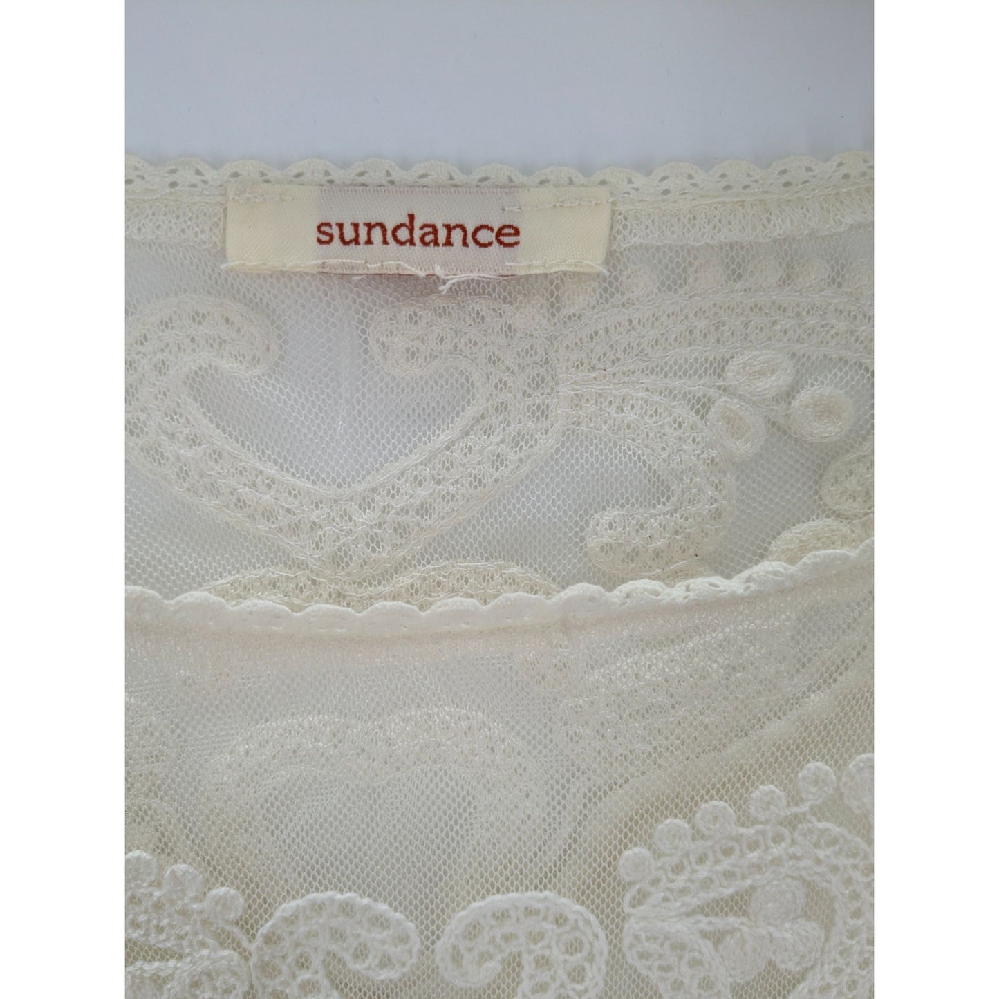 Sundance Ivory Puff Sleeve Lace Peplum Blouse Sheer Floral Cottage Women Size M