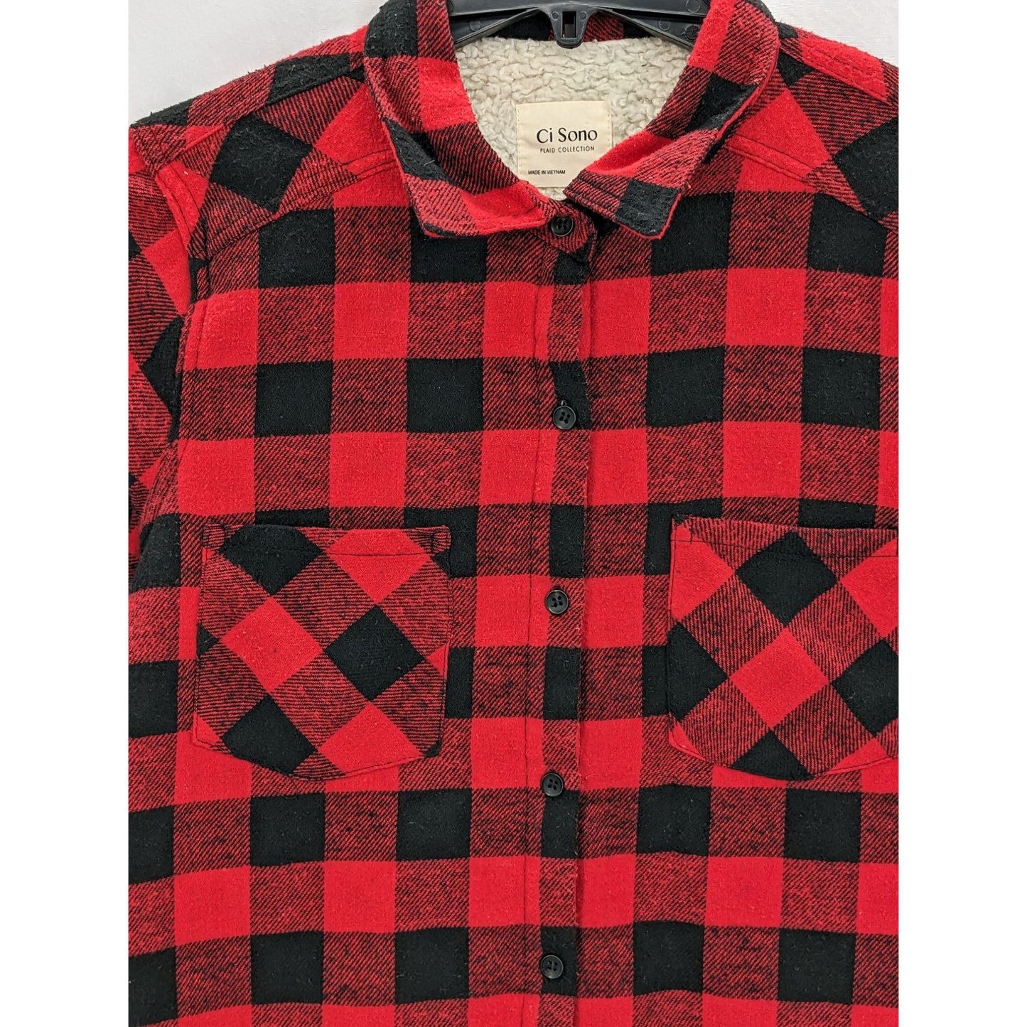 Ci Sono Women Red Flannel Check Sherpa Lined Long Sleeve Button-Up Size XL