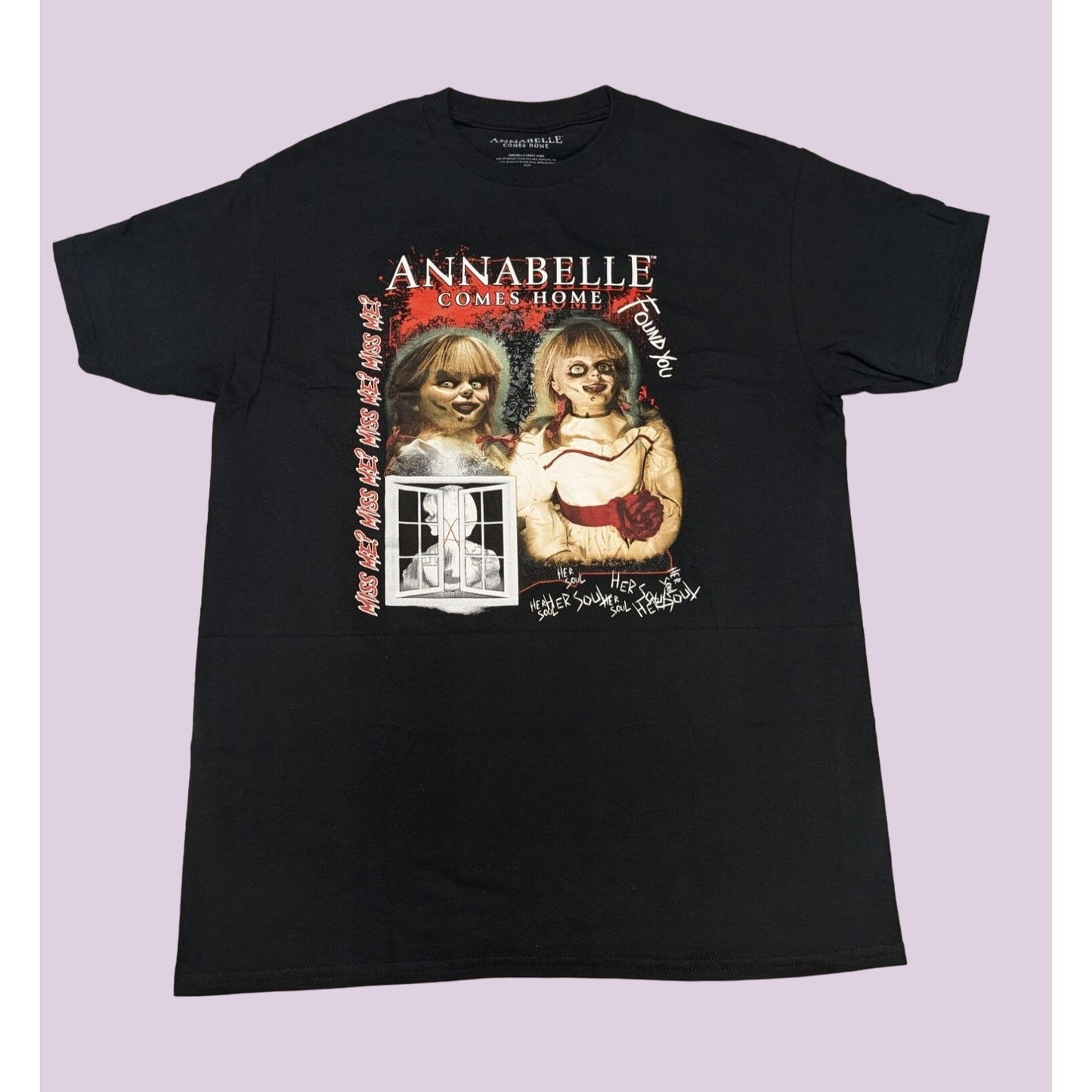 Hot Topic Women Black Annabelle Comes Home Collage Boyfriend Fit T-Shirt Size M