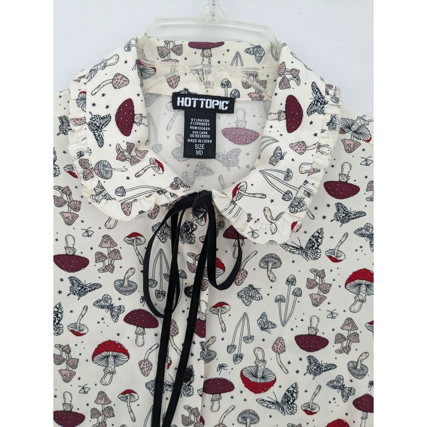 Preppy Hot Topic Mushroom Puff Sleeve Woven Button-Up Cottage Top Women Size M