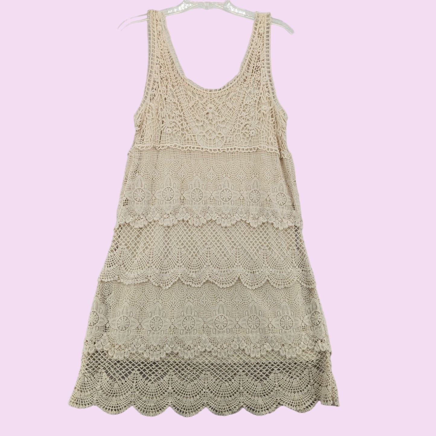 American Eagle Crochet Sleeveless Mini Dress Scalloped Hem Beige Women Size M