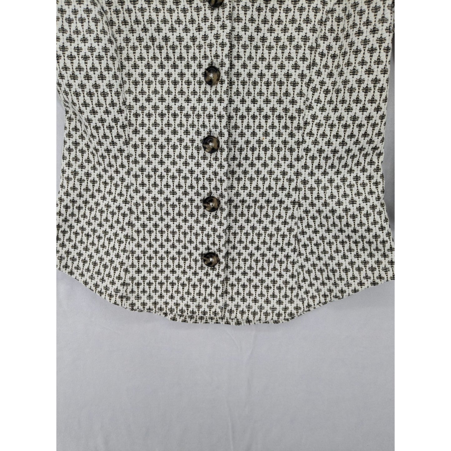 Ett:Twa Metallic Tweed Print 3/4 Puff Sleeve Button-Up V-Neck Women Top Size XS