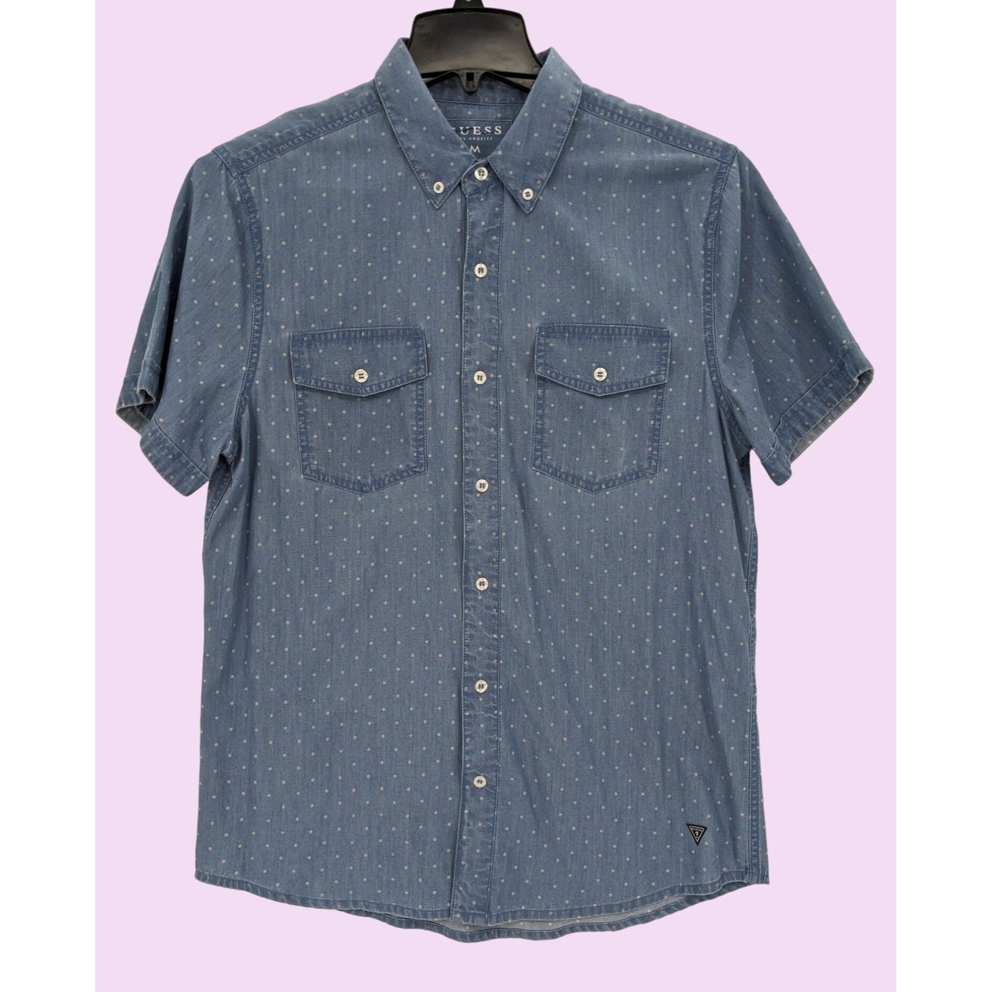 Guess Blue Chambray Short Sleeve Polka Dot Button-Up Preppy Western Shirt Size M